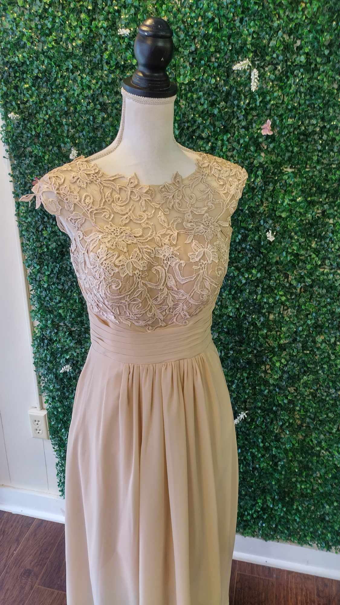 Tea length champagne lace floral formal dress