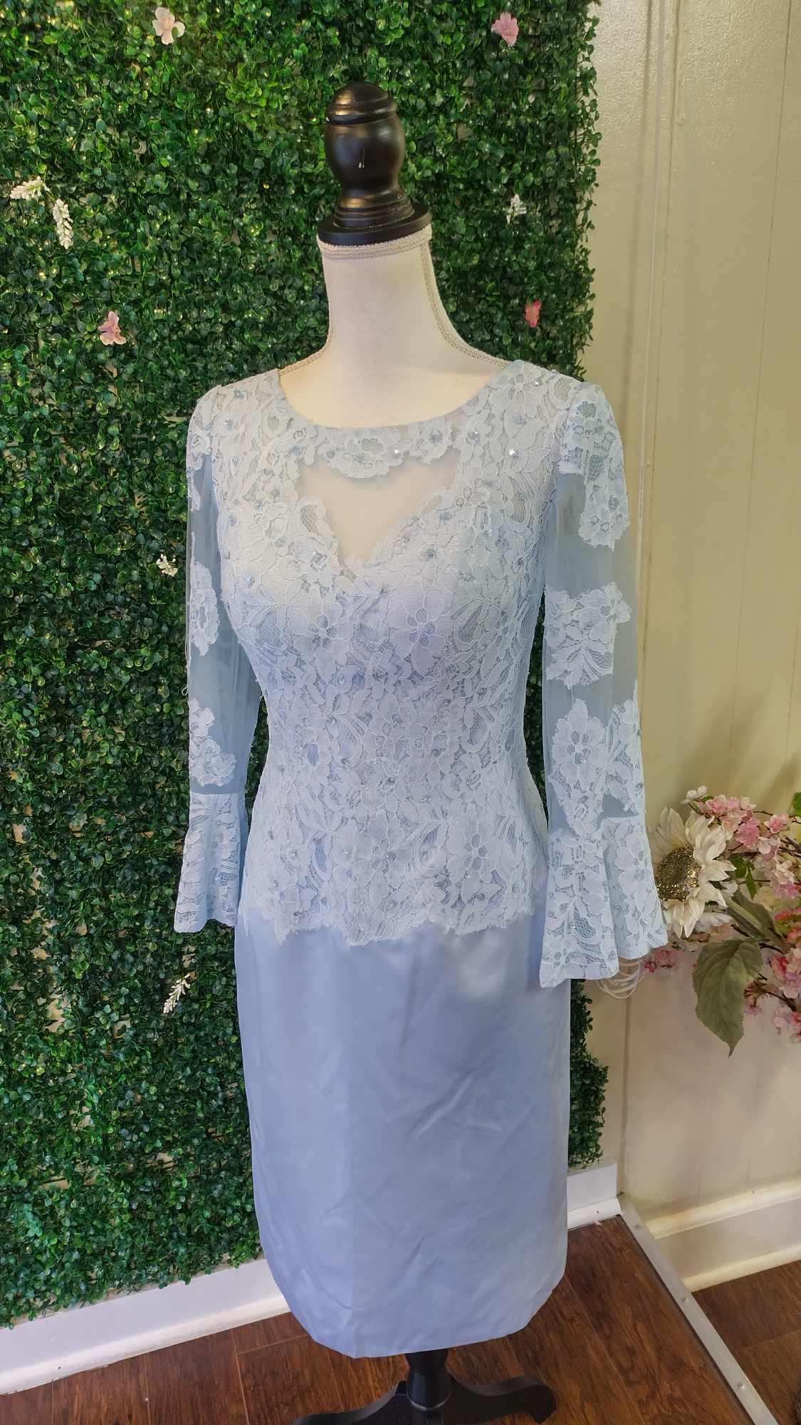 Dusty blue long sleeve lace formal dress