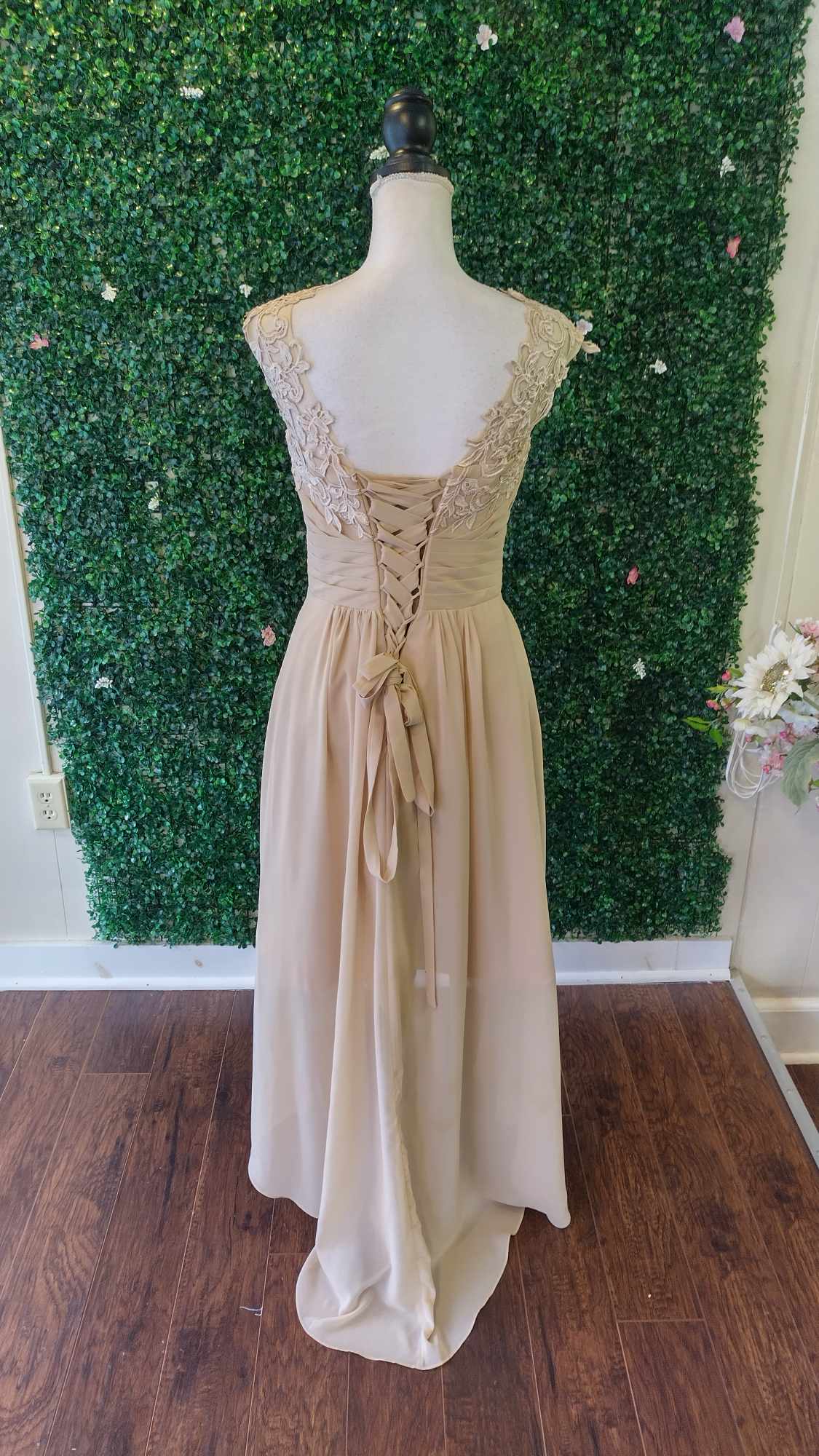 Tea length champagne lace floral formal dress