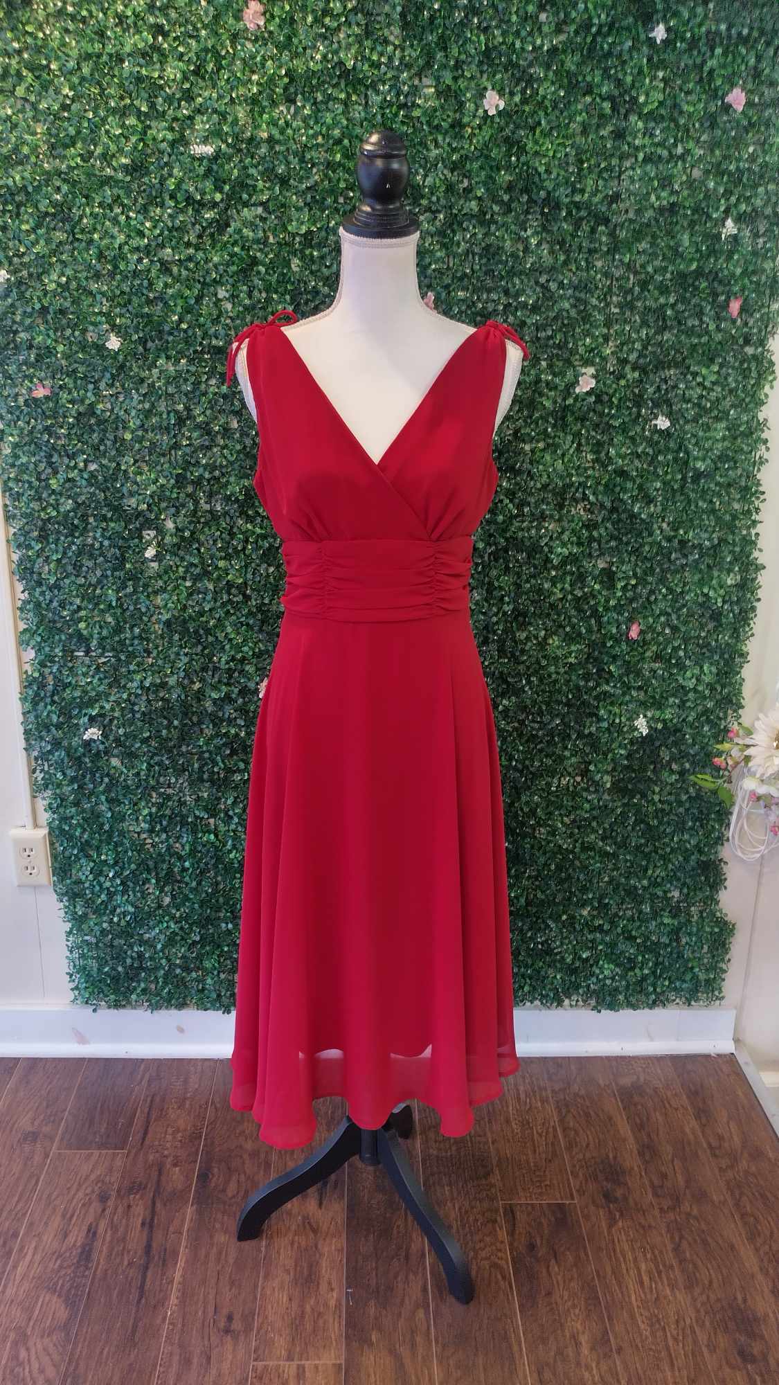 Red fit and flare chiffon formal dress