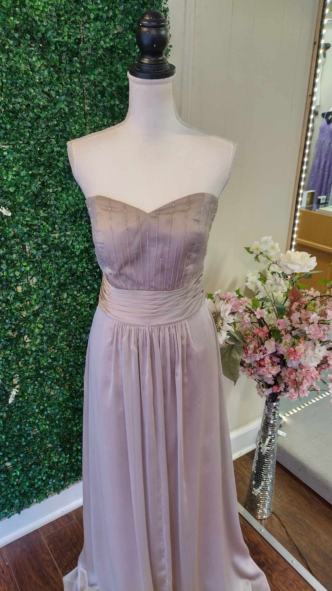 Taupe sweetheart chiffon formal dress