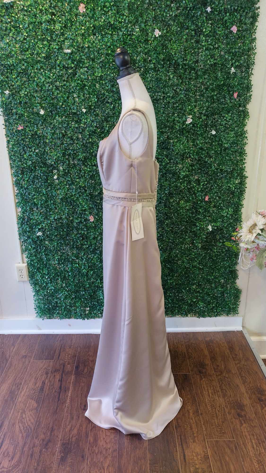 Alfred Angelo taupe satin formal dress