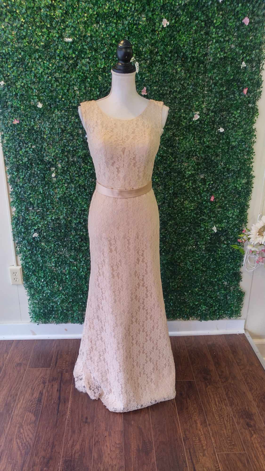 Pretty maids blush lace formal dress