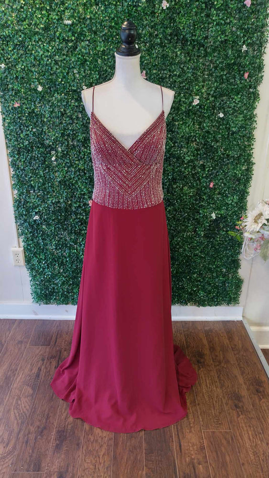 Burgundy V-neck beaded chiffon formal dress