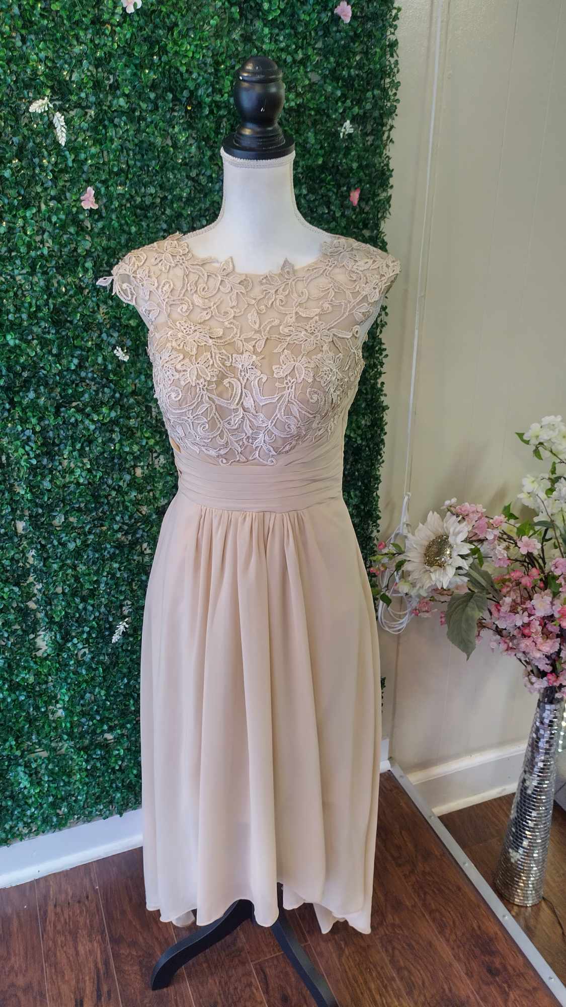 Tea length champagne lace floral formal dress