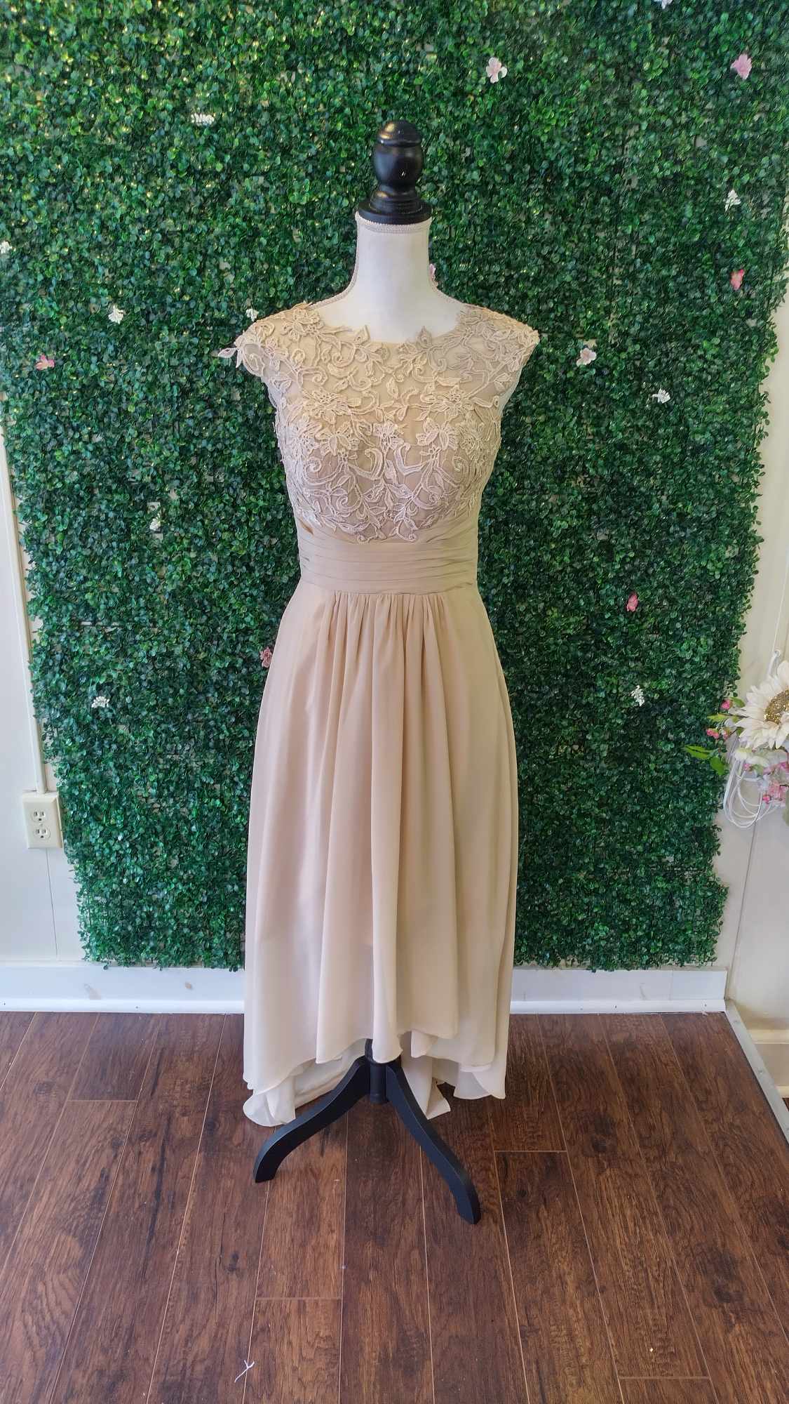 Tea length champagne lace floral formal dress