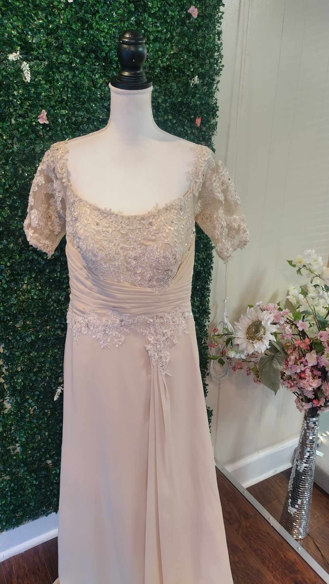 Long sleeve lace champagne formal dress