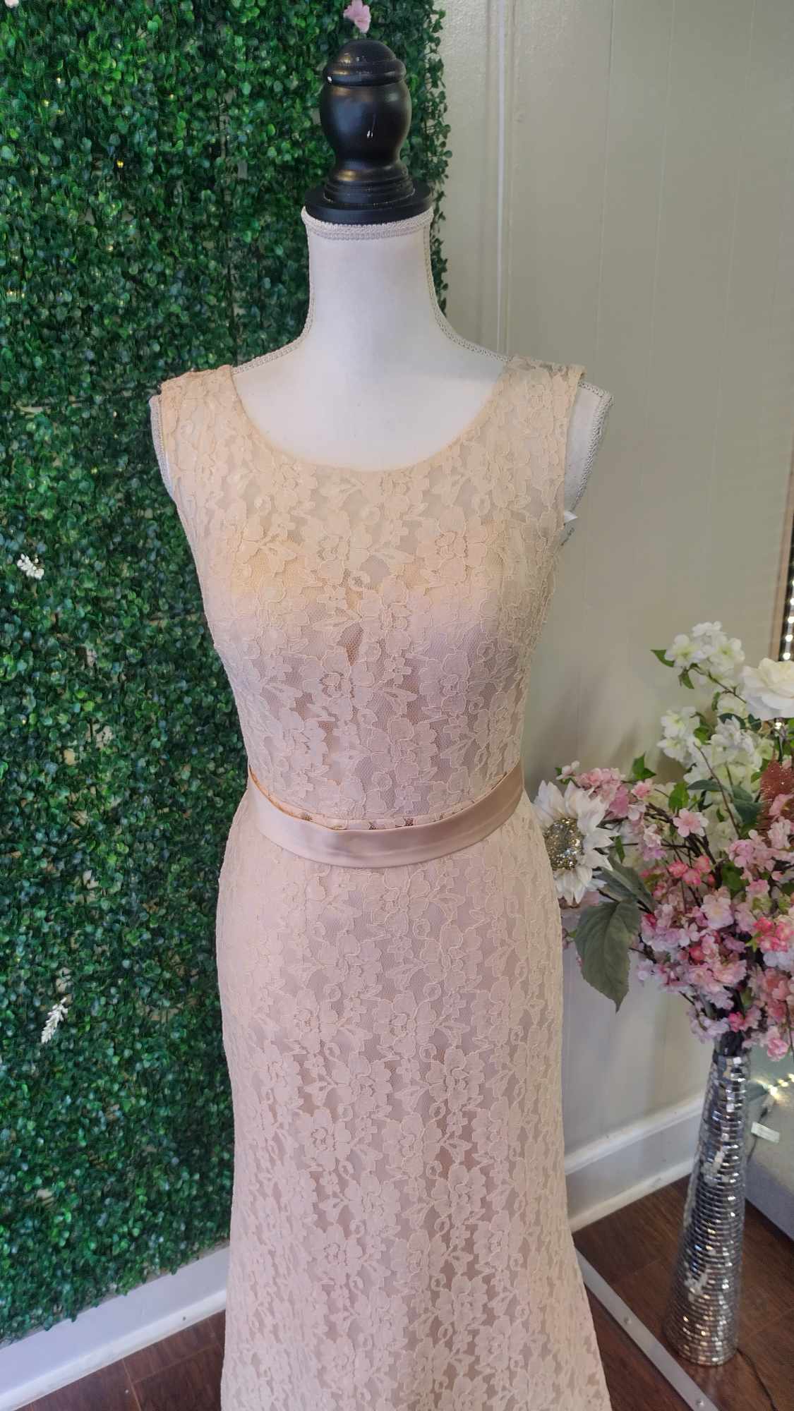 Pretty maids blush lace formal dress