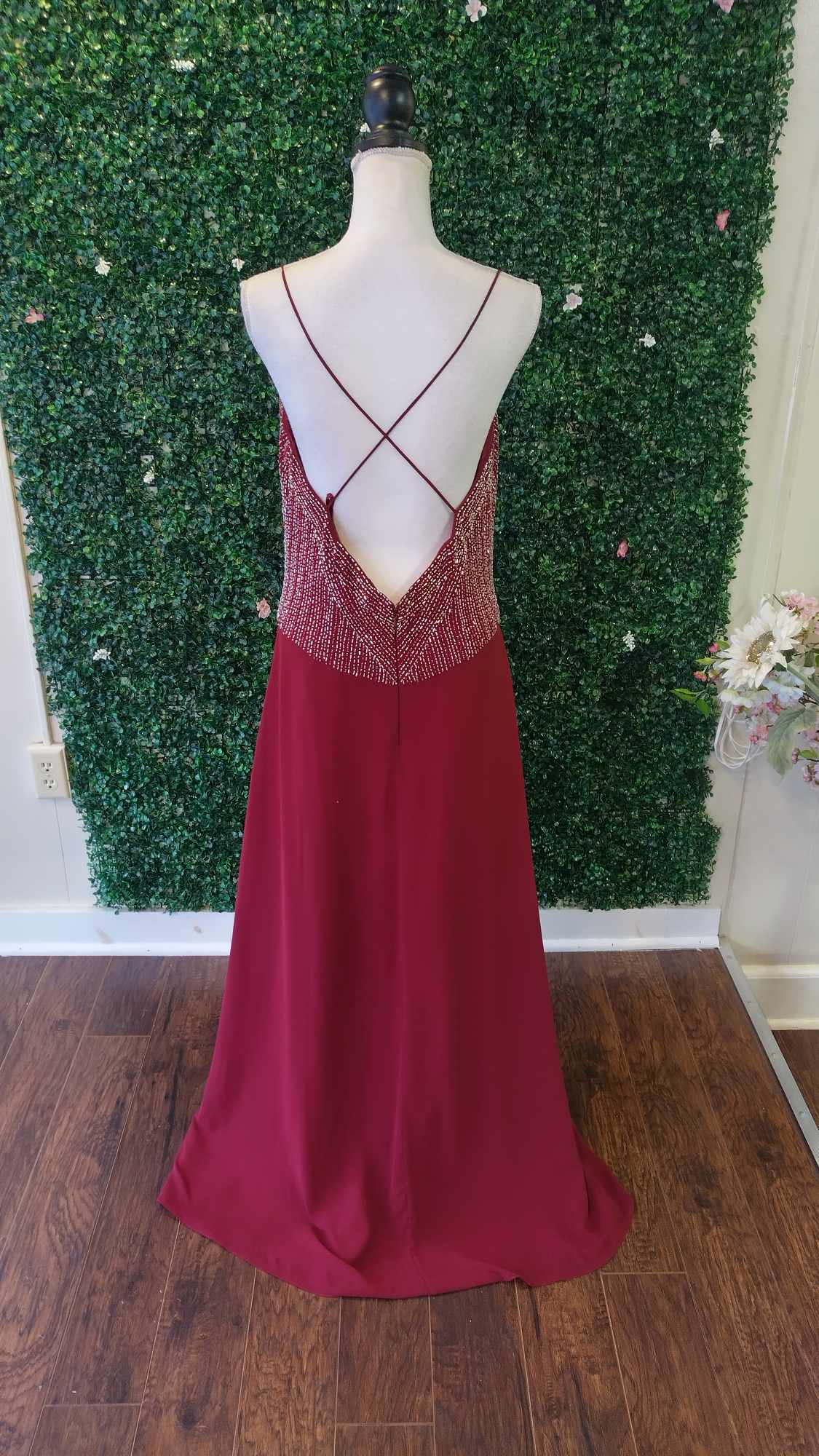 Burgundy V-neck beaded chiffon formal dress