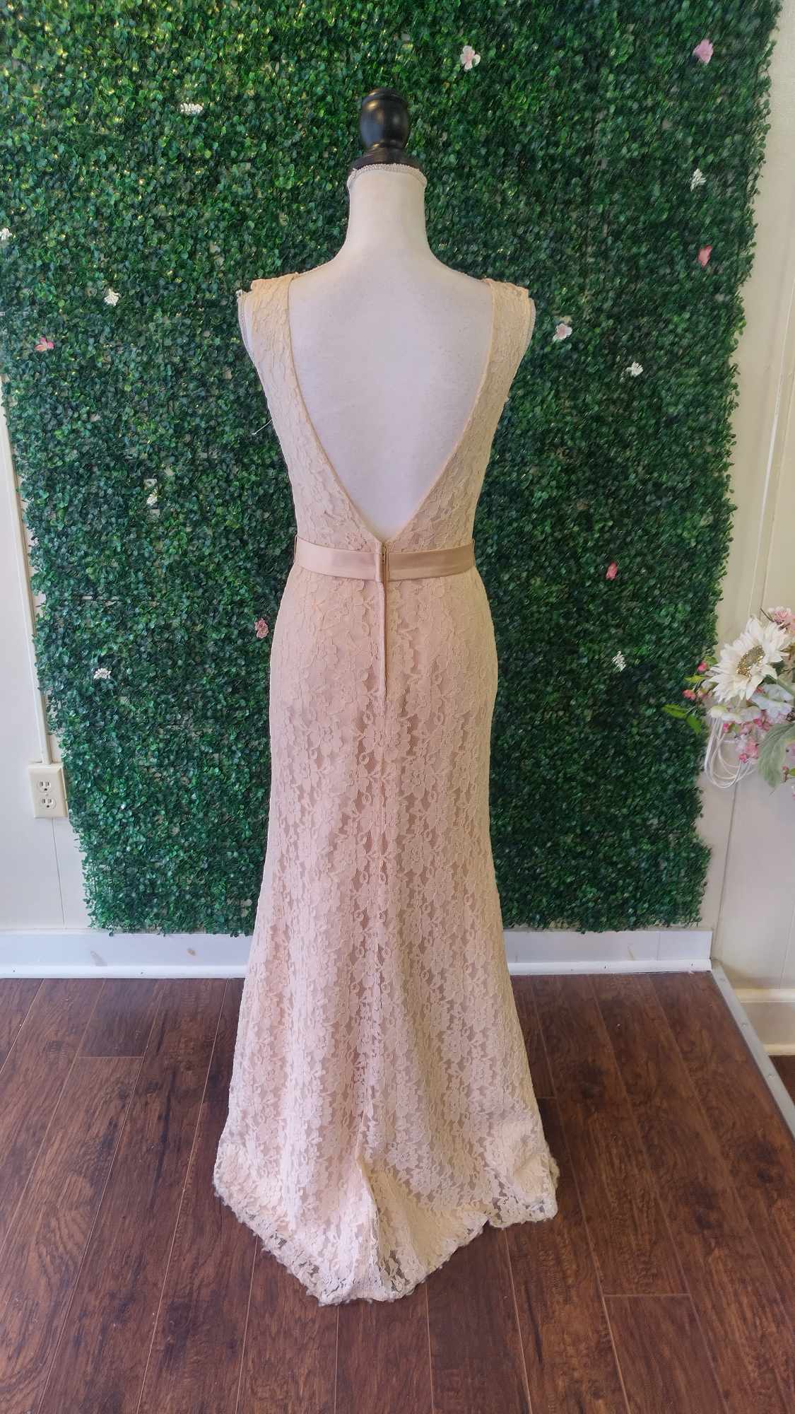 Pretty maids blush lace formal dress