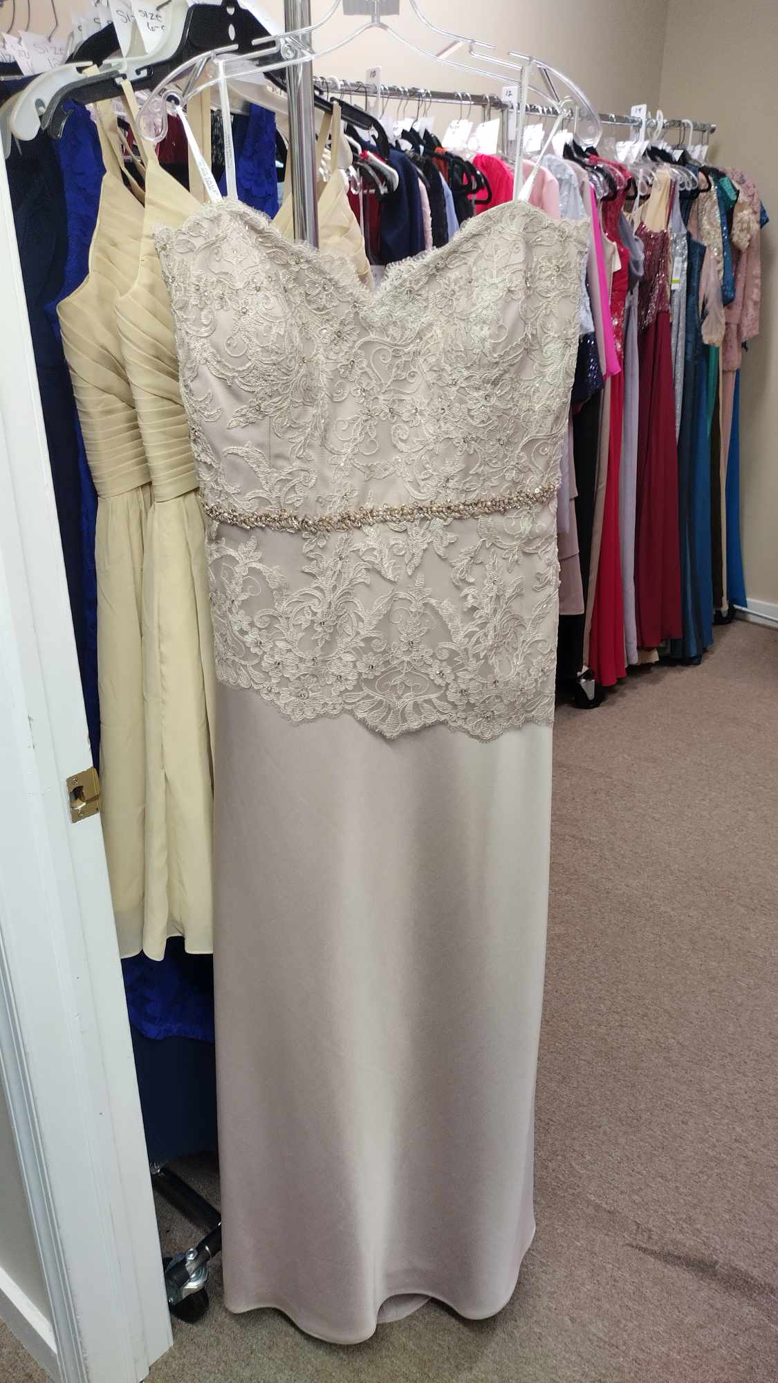 Montage by Mon Cheri Taupe formal dress