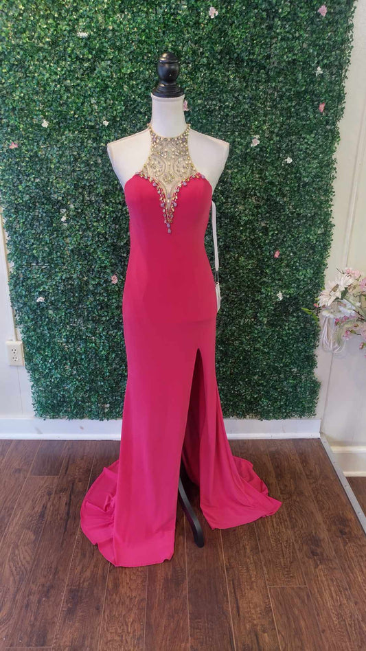 Hot pink halter crystal beaded prom dress