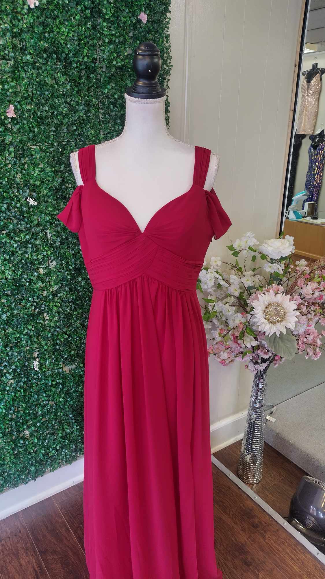 Off shoulder burgundy chiffon bridesmaids dress