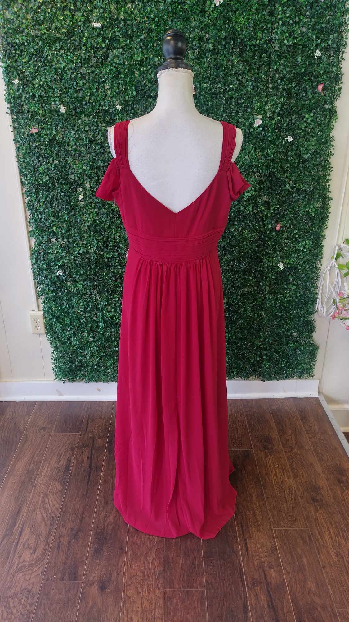 Off shoulder burgundy chiffon bridesmaids dress