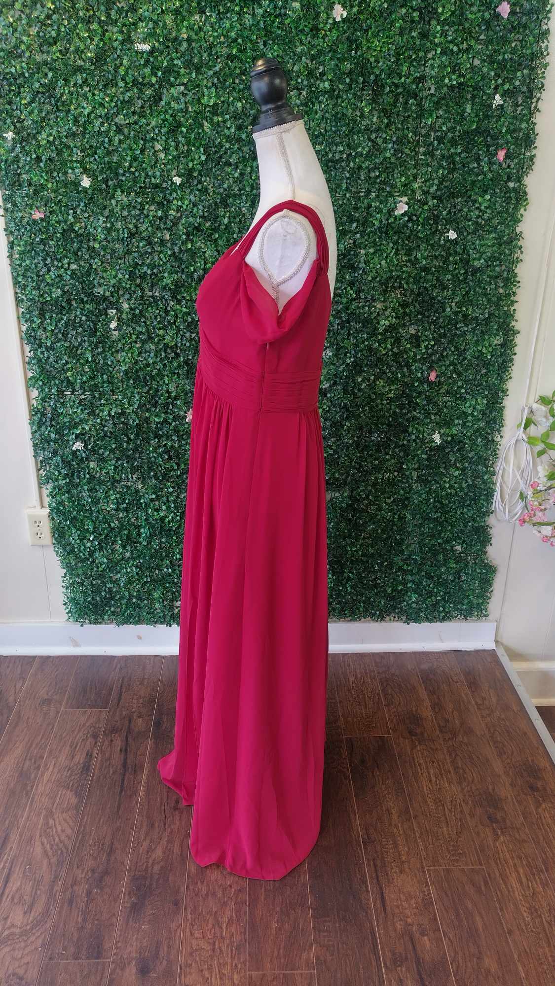 Off shoulder burgundy chiffon bridesmaids dress