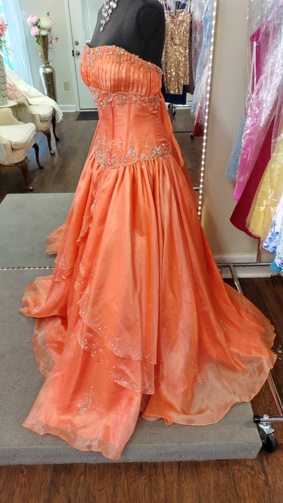 Orange Crystal Beaded Ball Gown