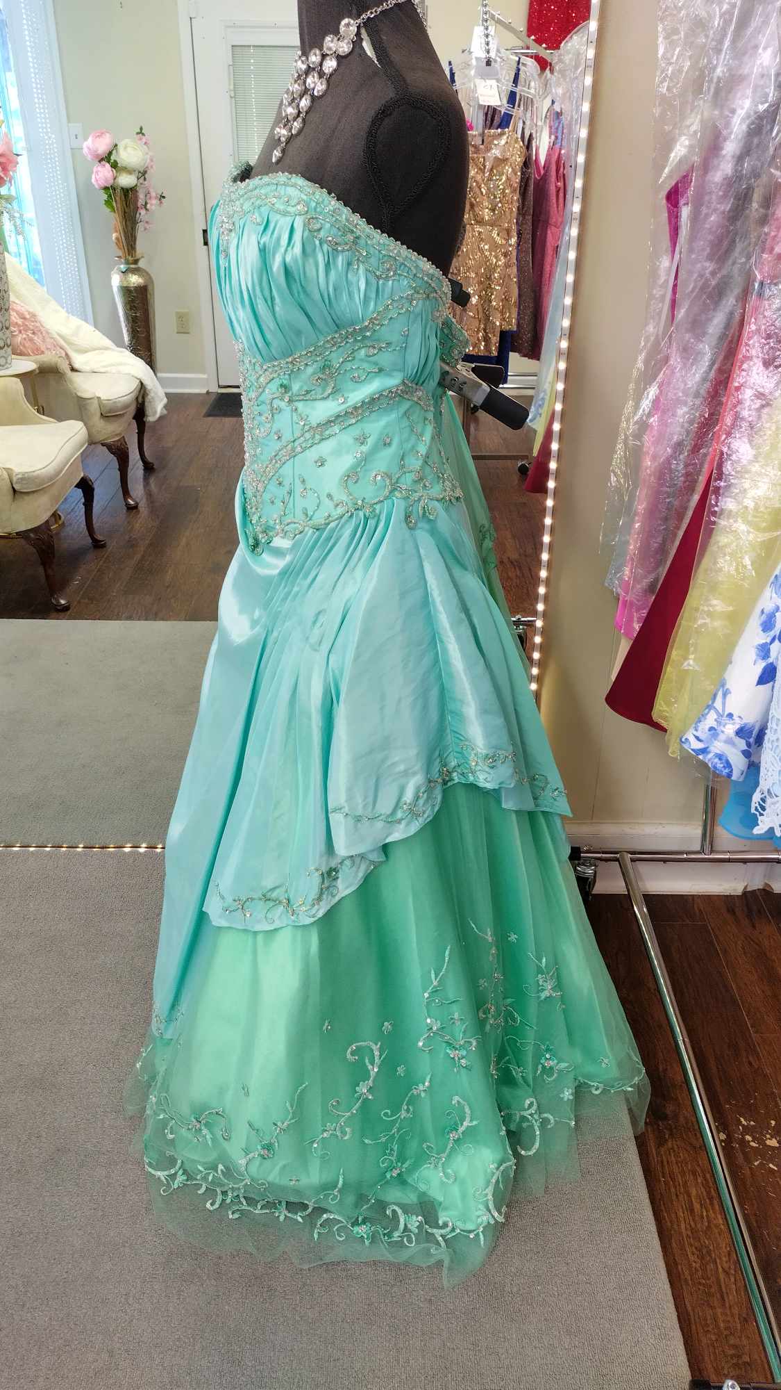 Turquoise Crystal Beaded Ball Gown