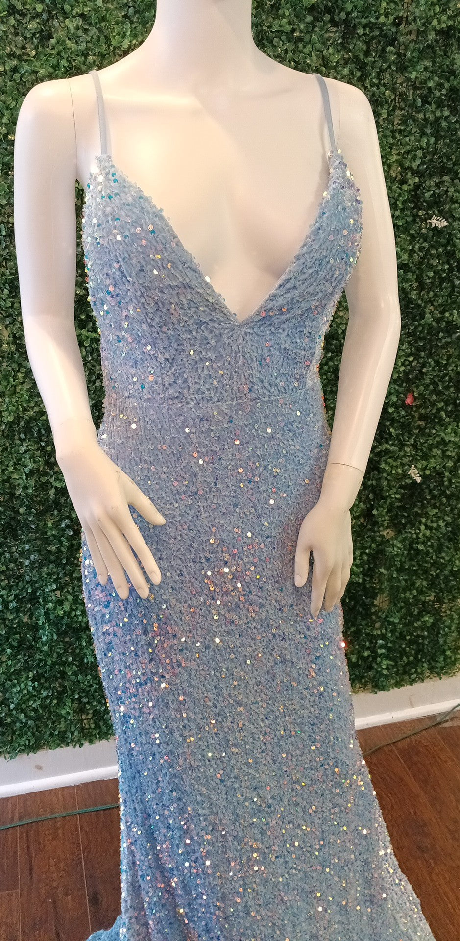 Baby blue sequin spaghetti strap couture prom dress