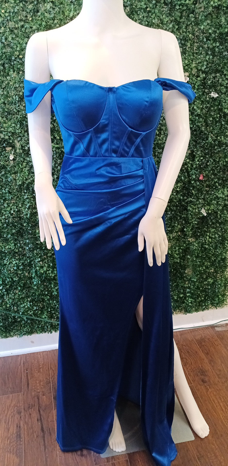 Off shoulder royal blue satin couture