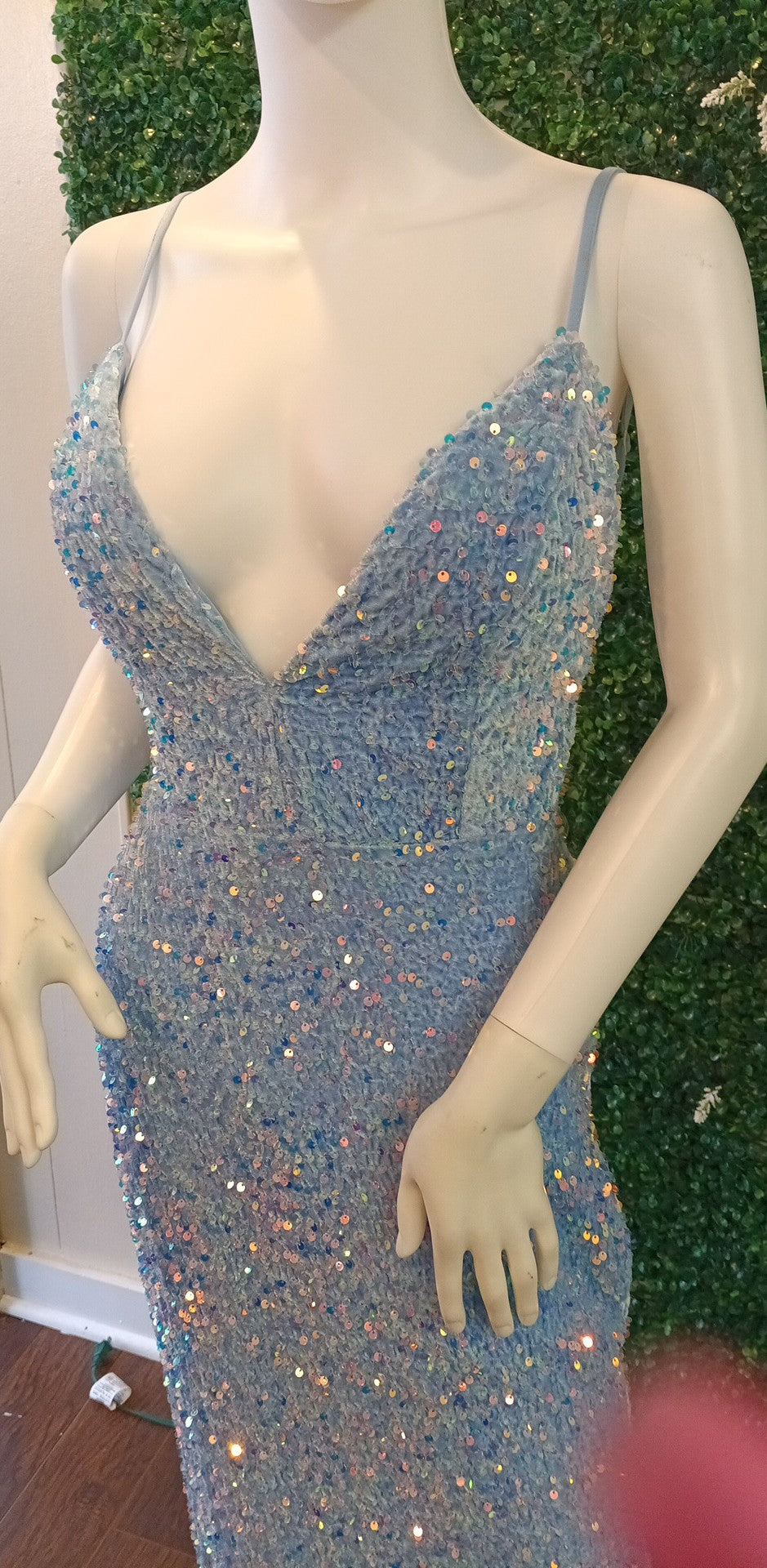 Baby blue sequin spaghetti strap couture prom dress