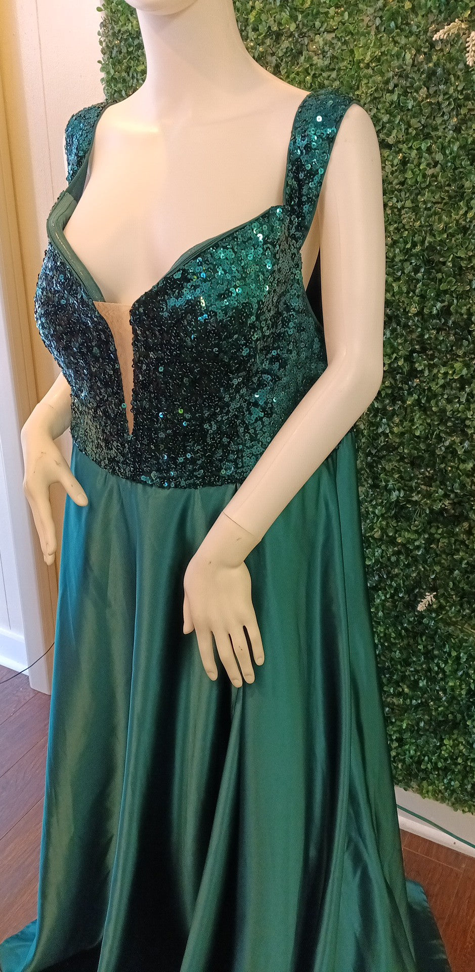 Plus size emerald green off shoulder satin ball gown