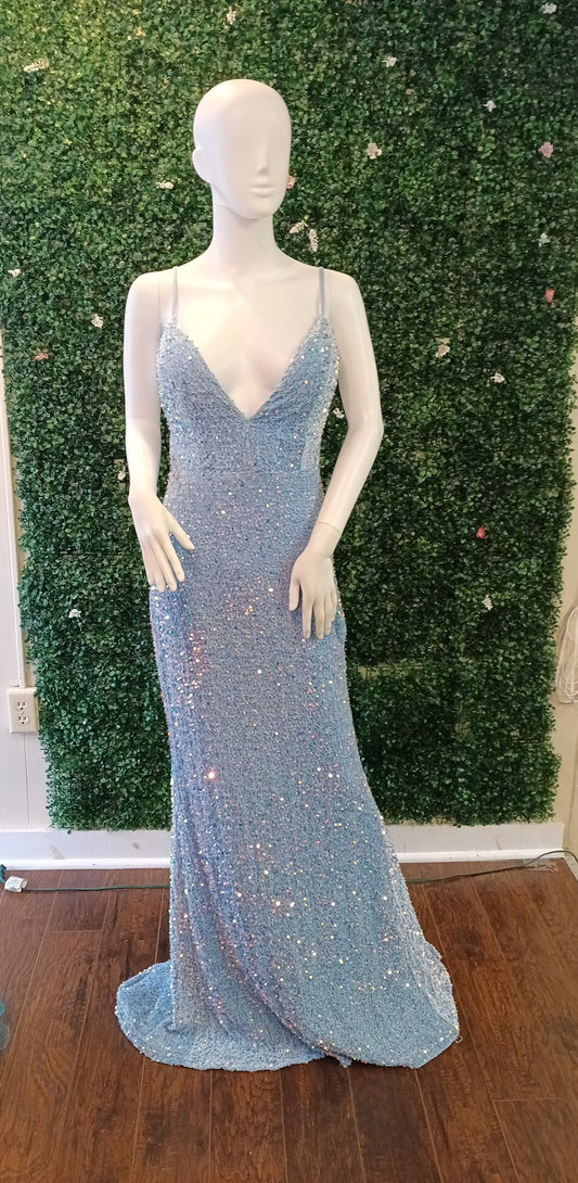 Baby blue sequin spaghetti strap couture prom dress