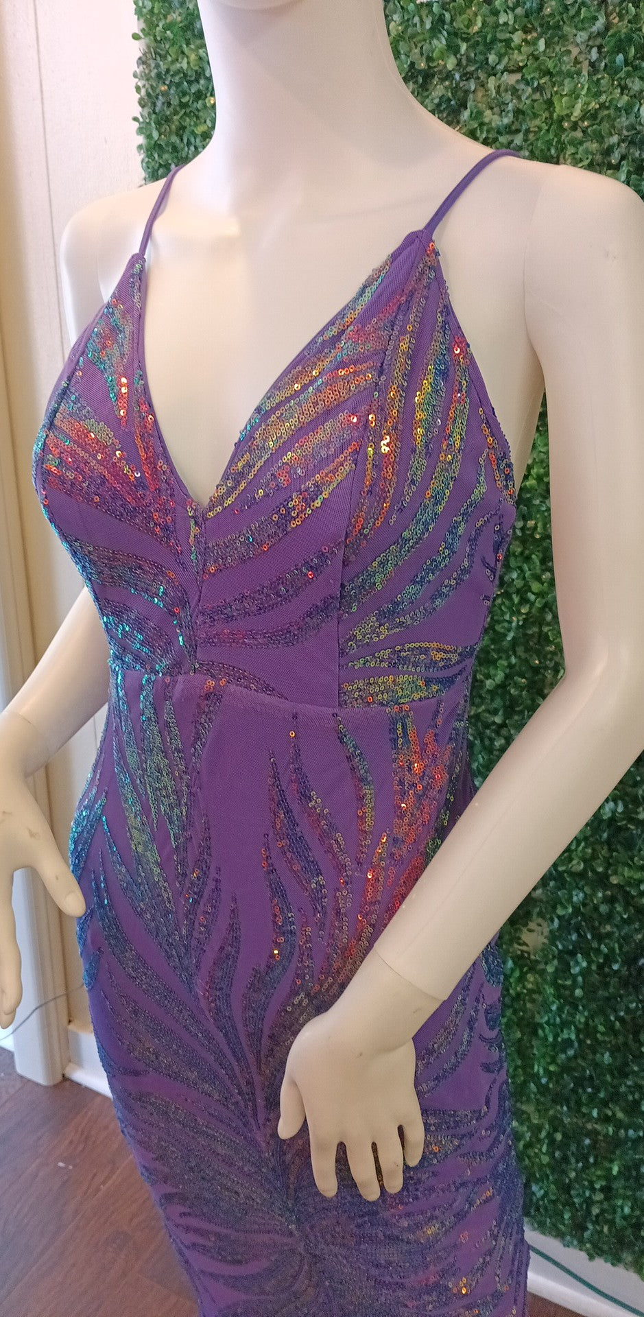 Purple sequin couture prom dress