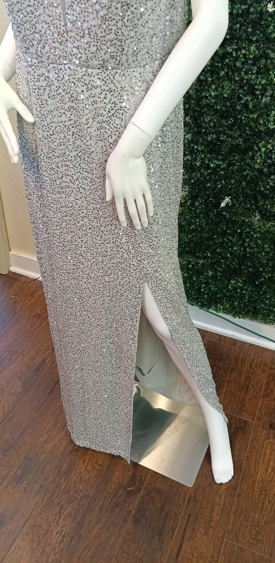 Smora Bella silver sequin slit couture prom dress