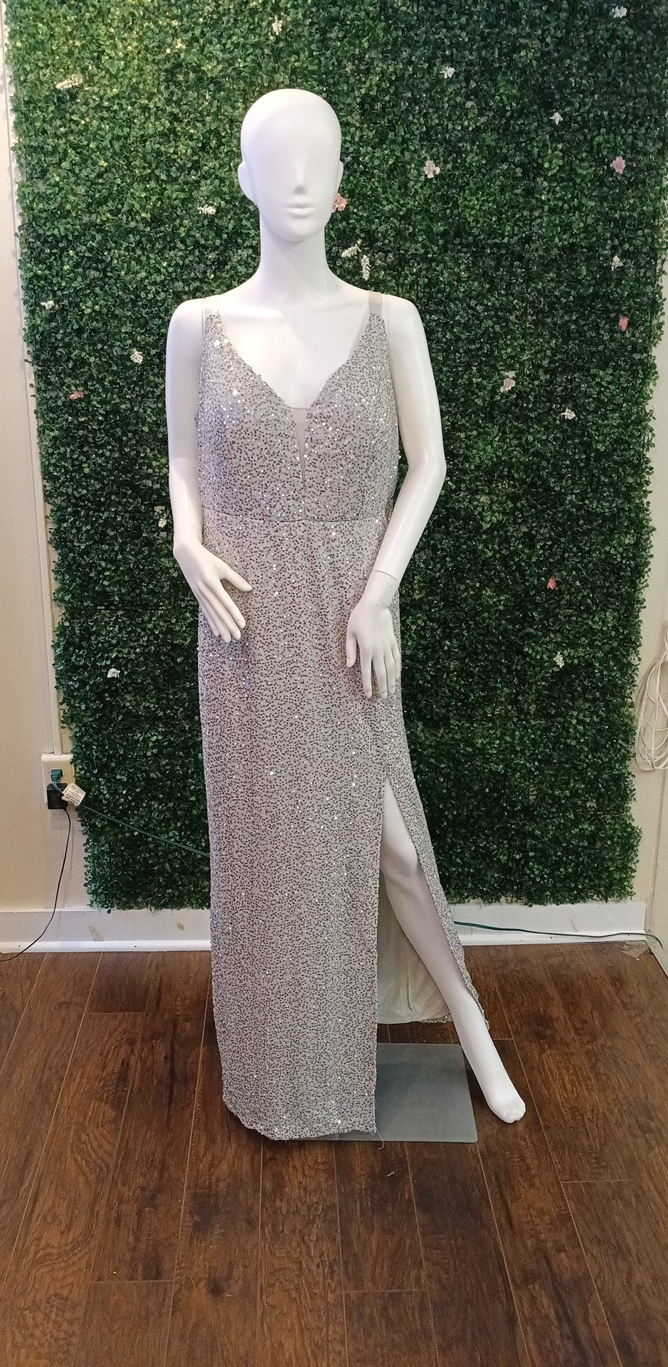 Smora Bella silver sequin slit couture prom dress