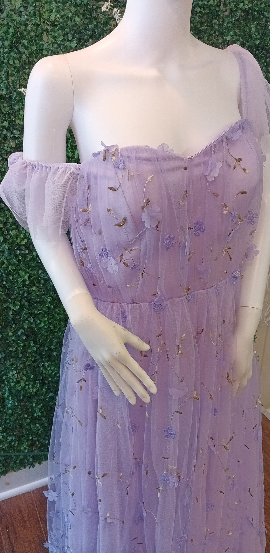 Lavender off shoulder floral ball gown dress