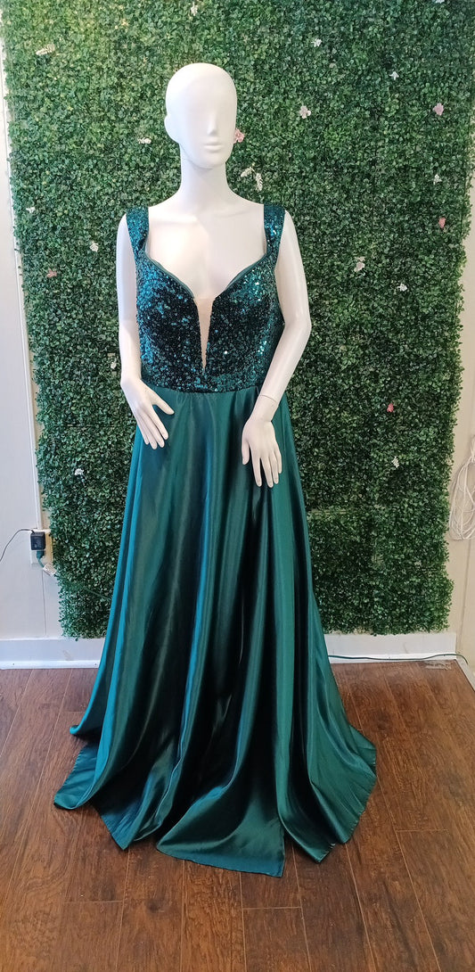 Plus size emerald green off shoulder satin ball gown