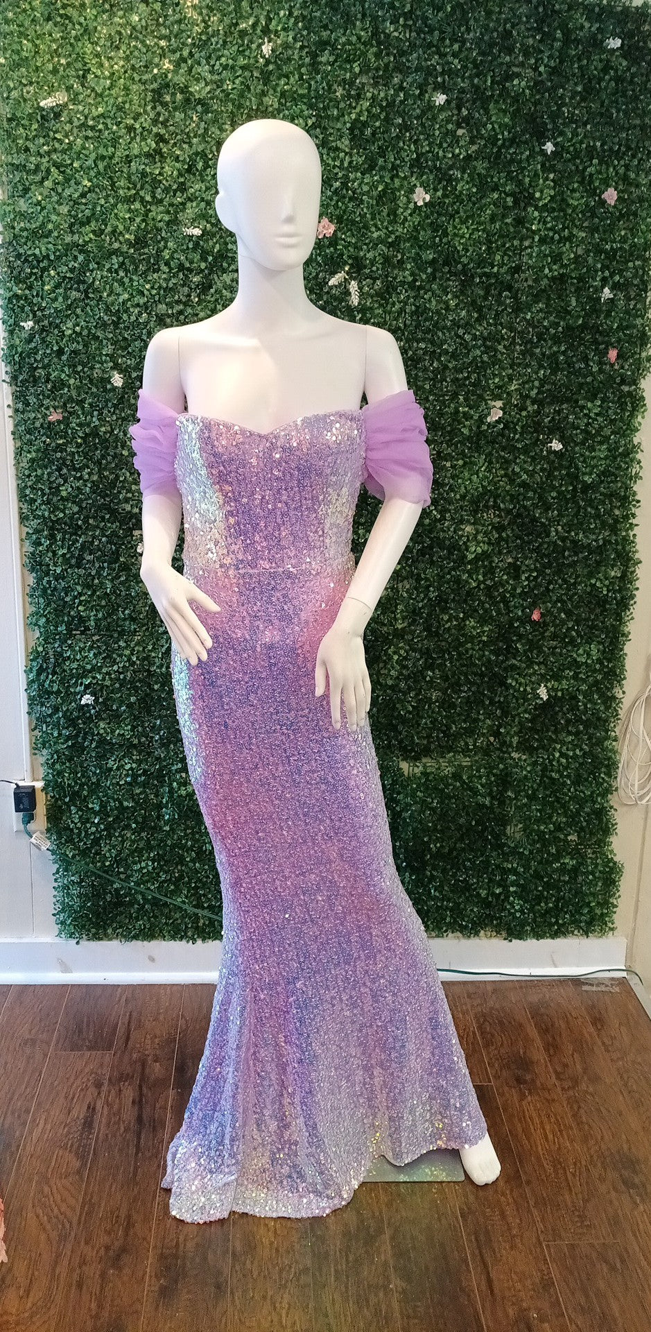 Off shoulder sequin lavender couture prom dress