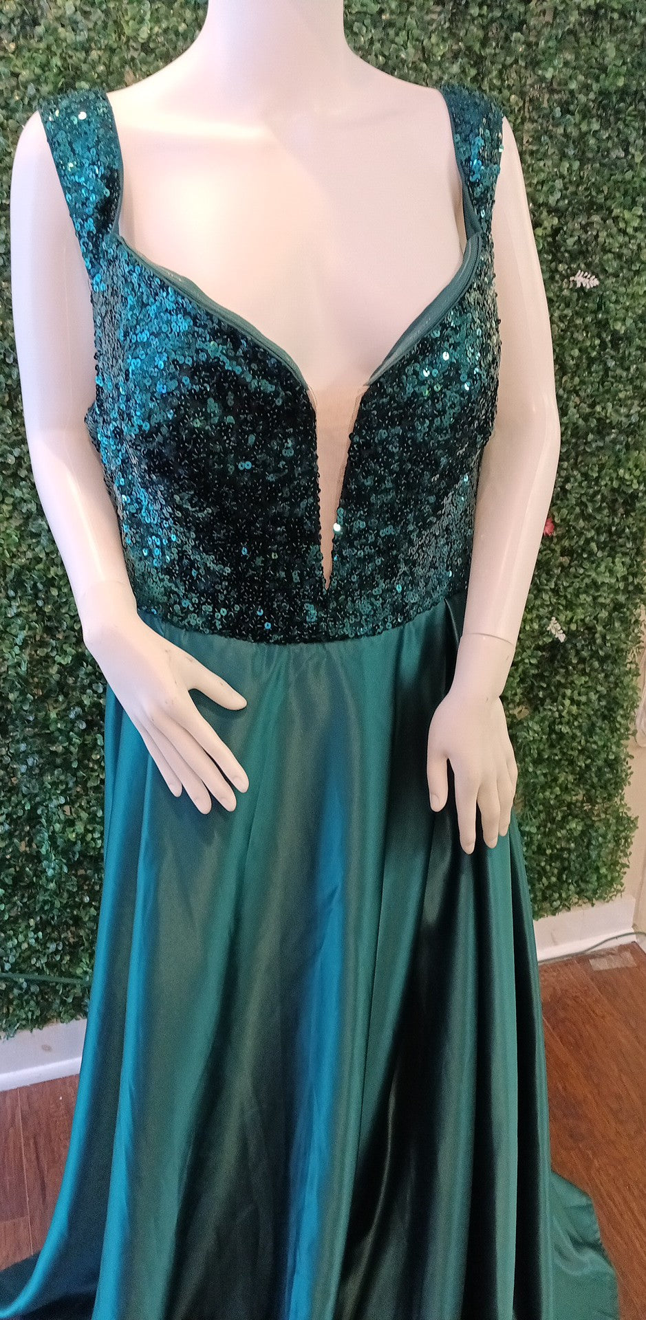 Plus size emerald green off shoulder satin ball gown