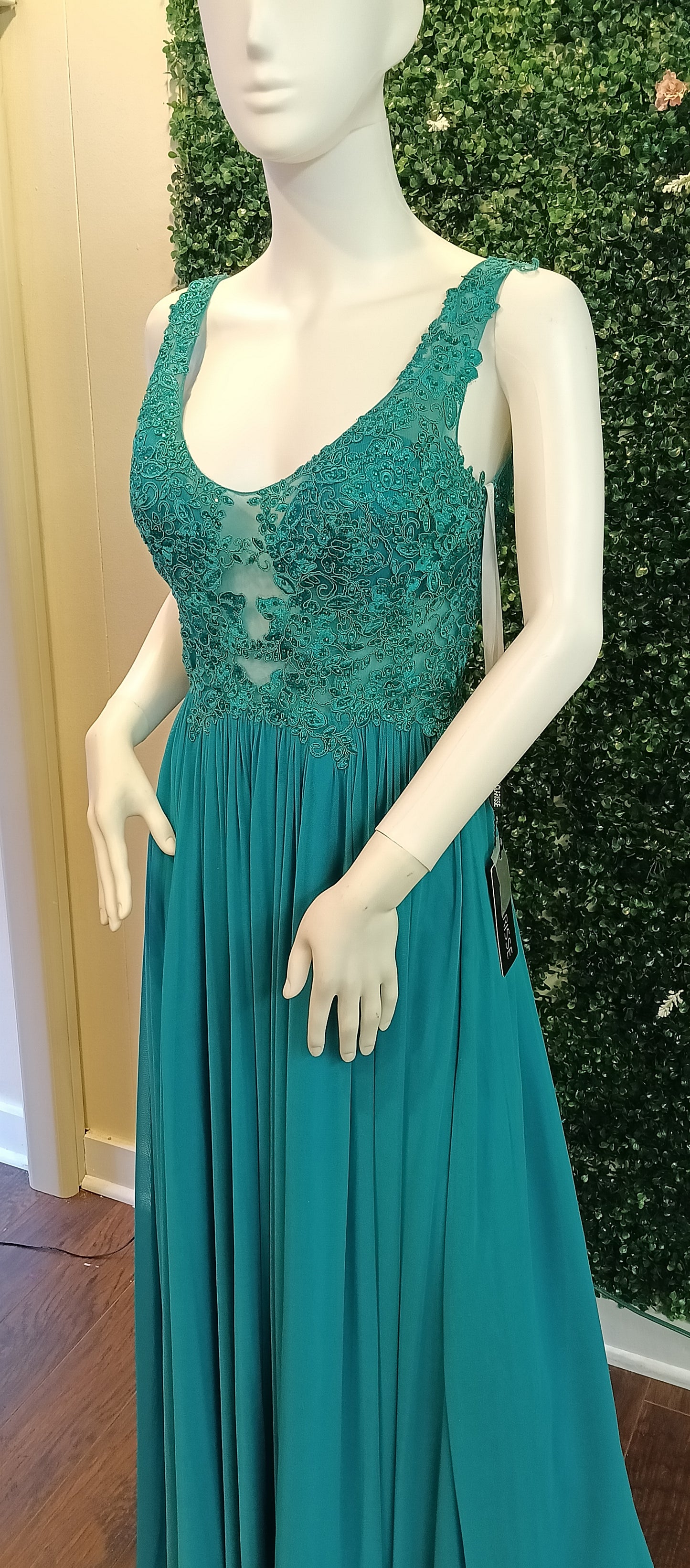 Clarisse emerald lace chiffon dress