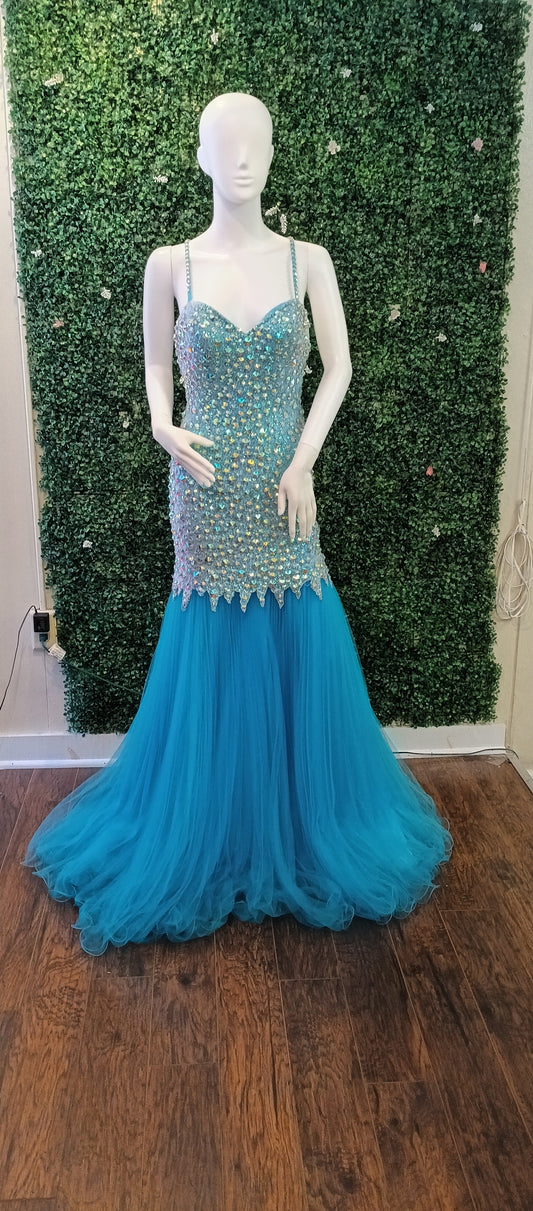 Baby blue crystal beaded mermaid prom dress