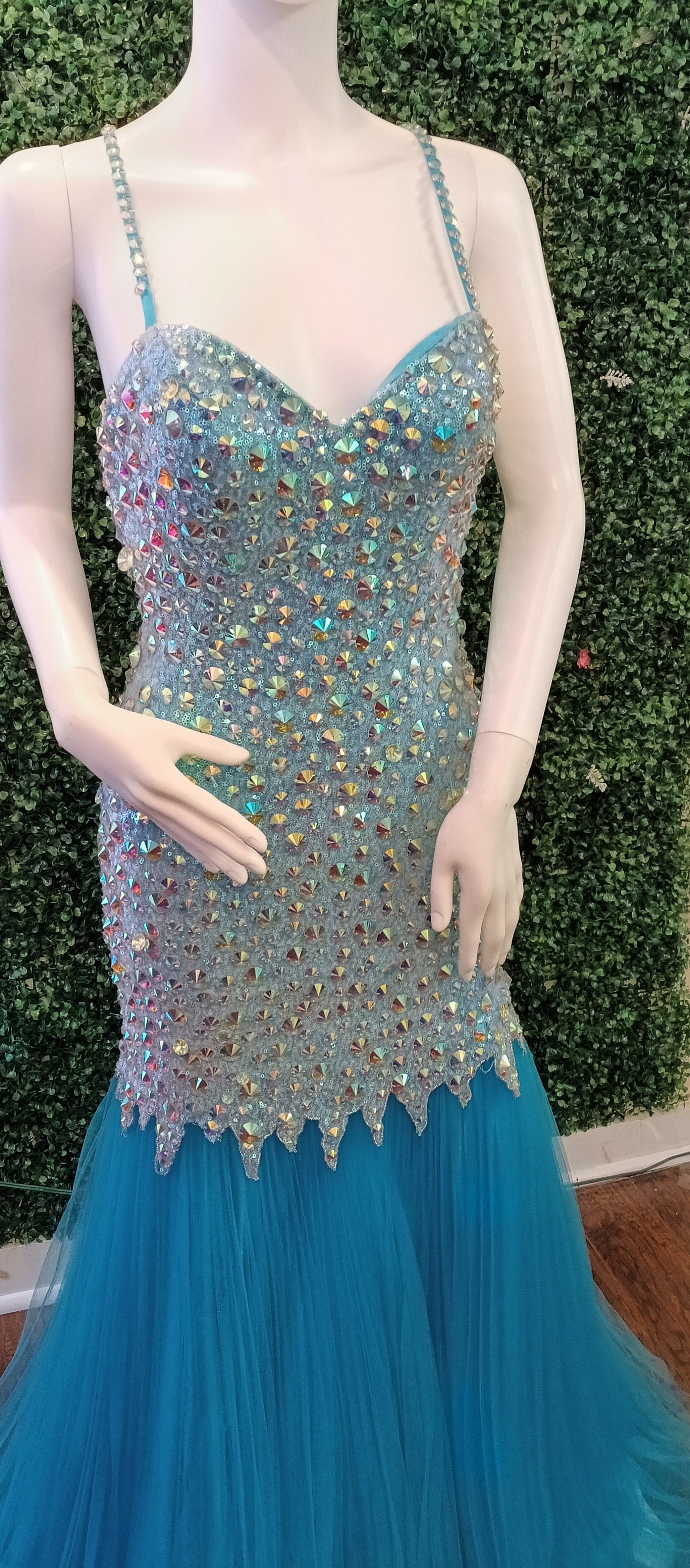 Baby blue crystal beaded mermaid prom dress