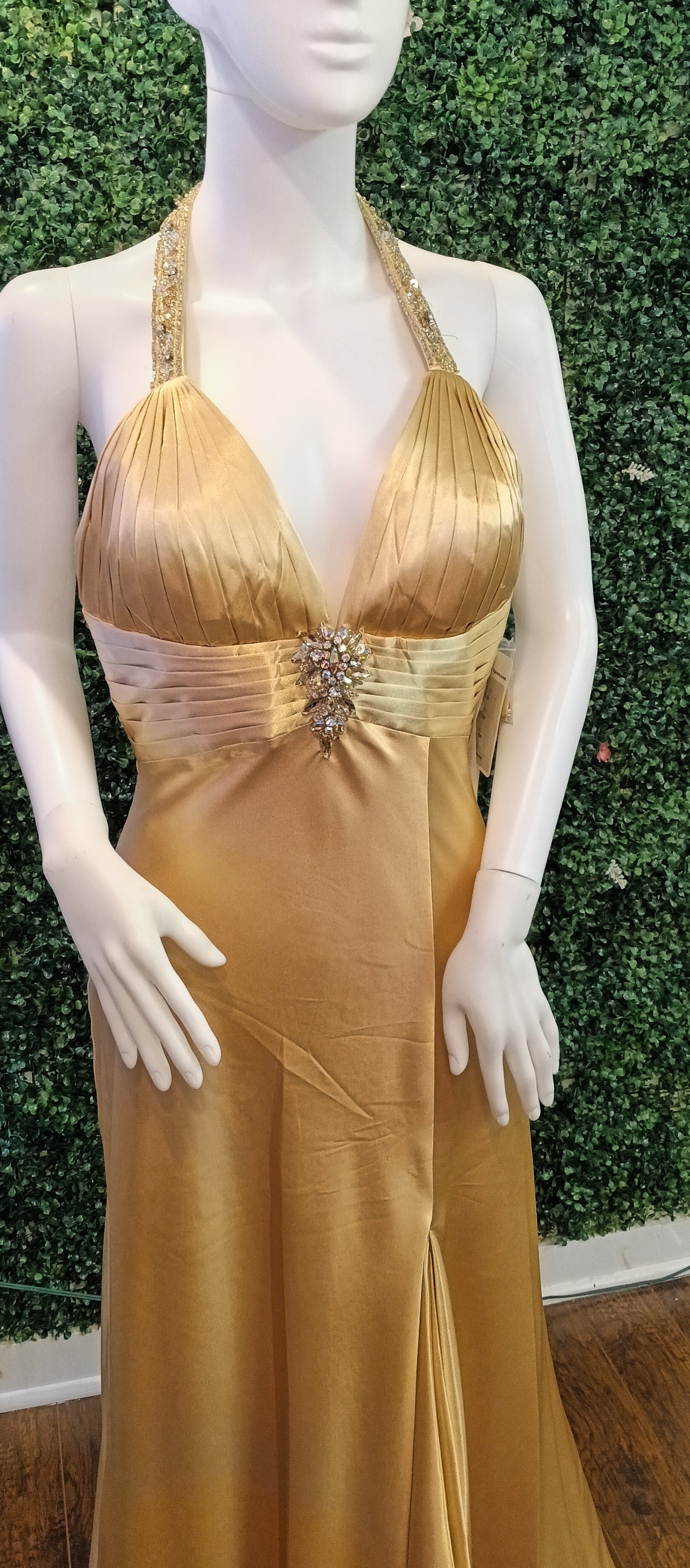 Studio 17 gold satin prom dress