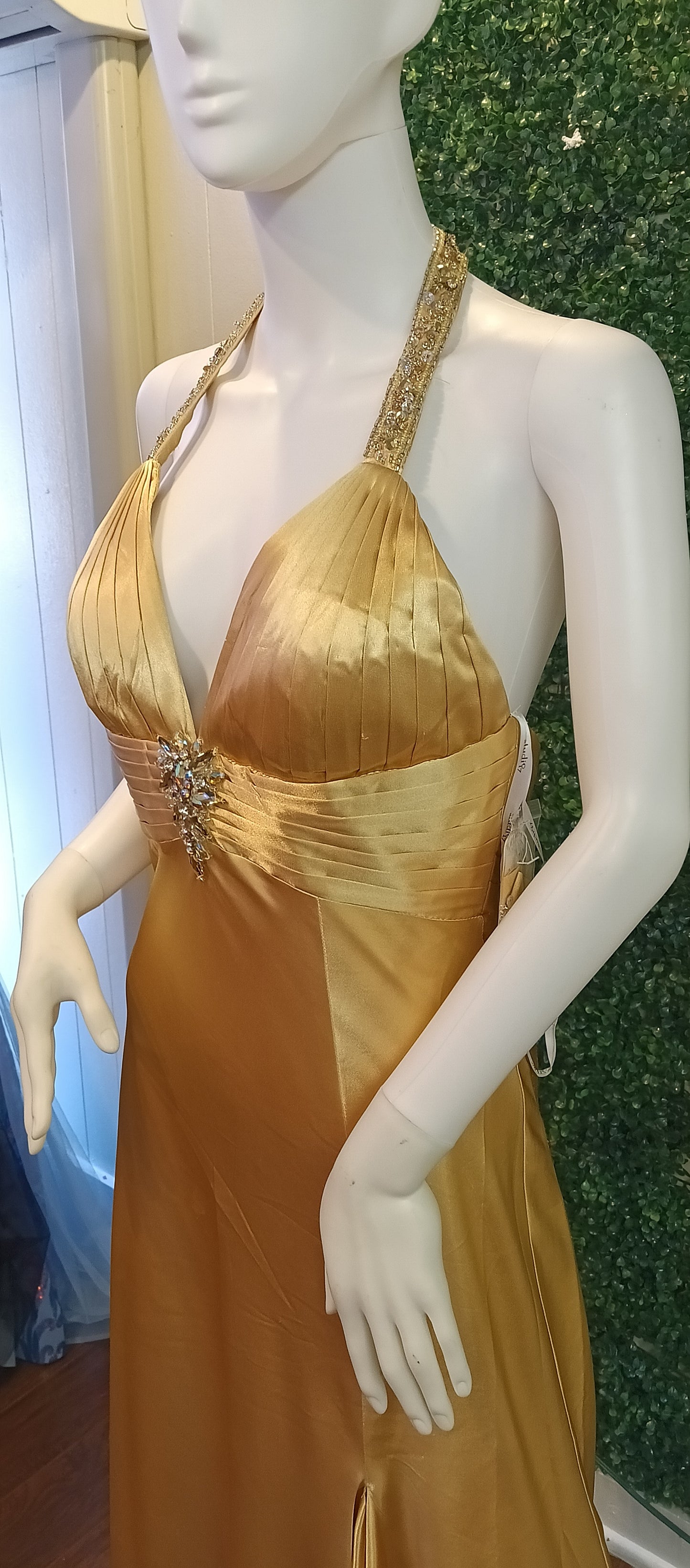 Studio 17 gold satin prom dress