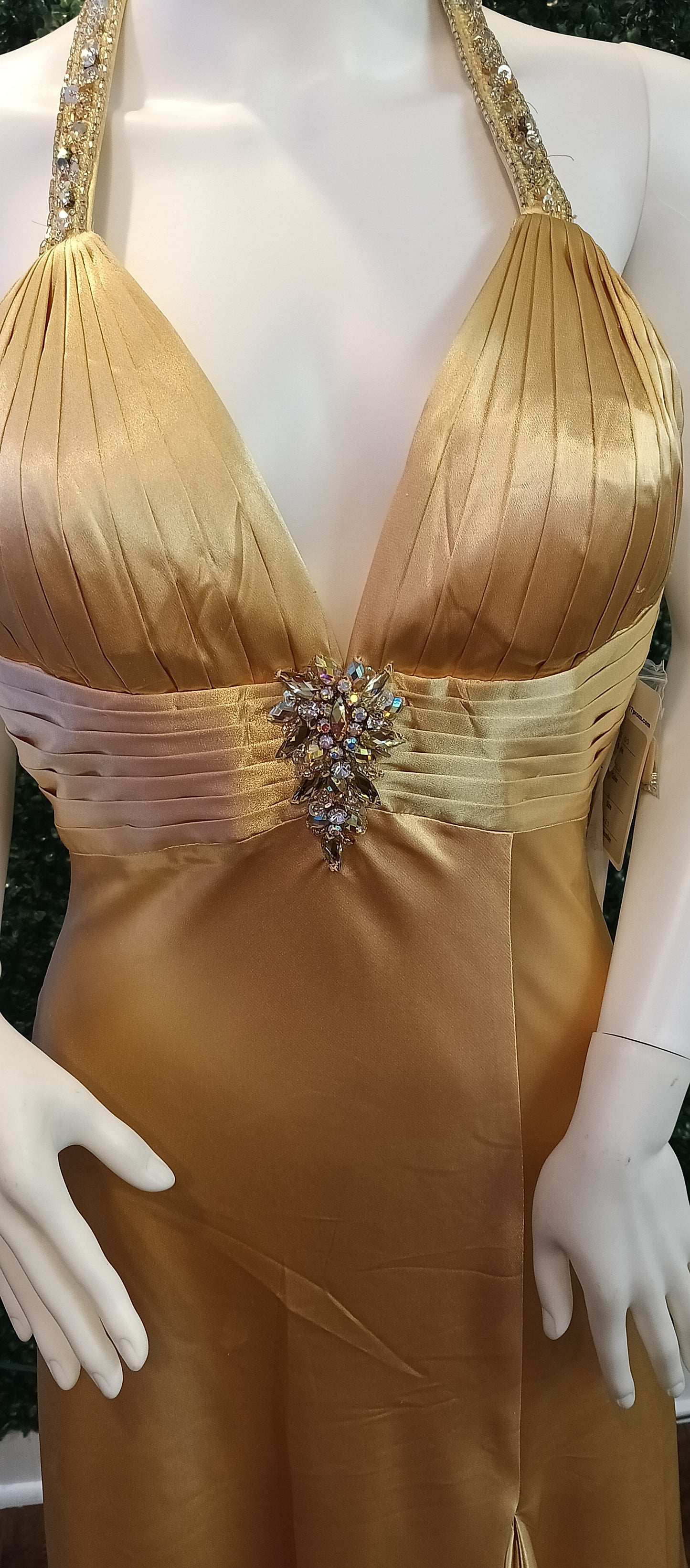 Studio 17 gold satin prom dress