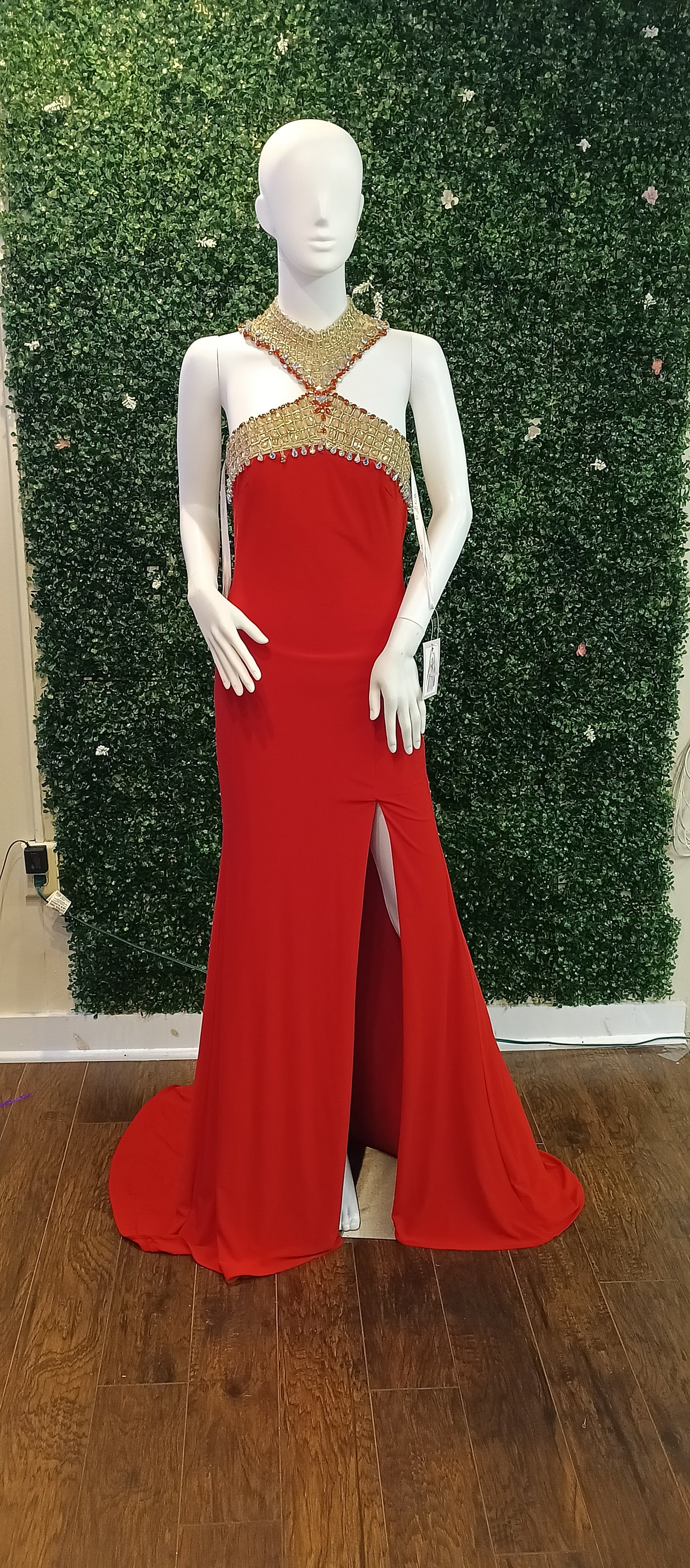 Rachel Allan Red Halter beaded prom dress