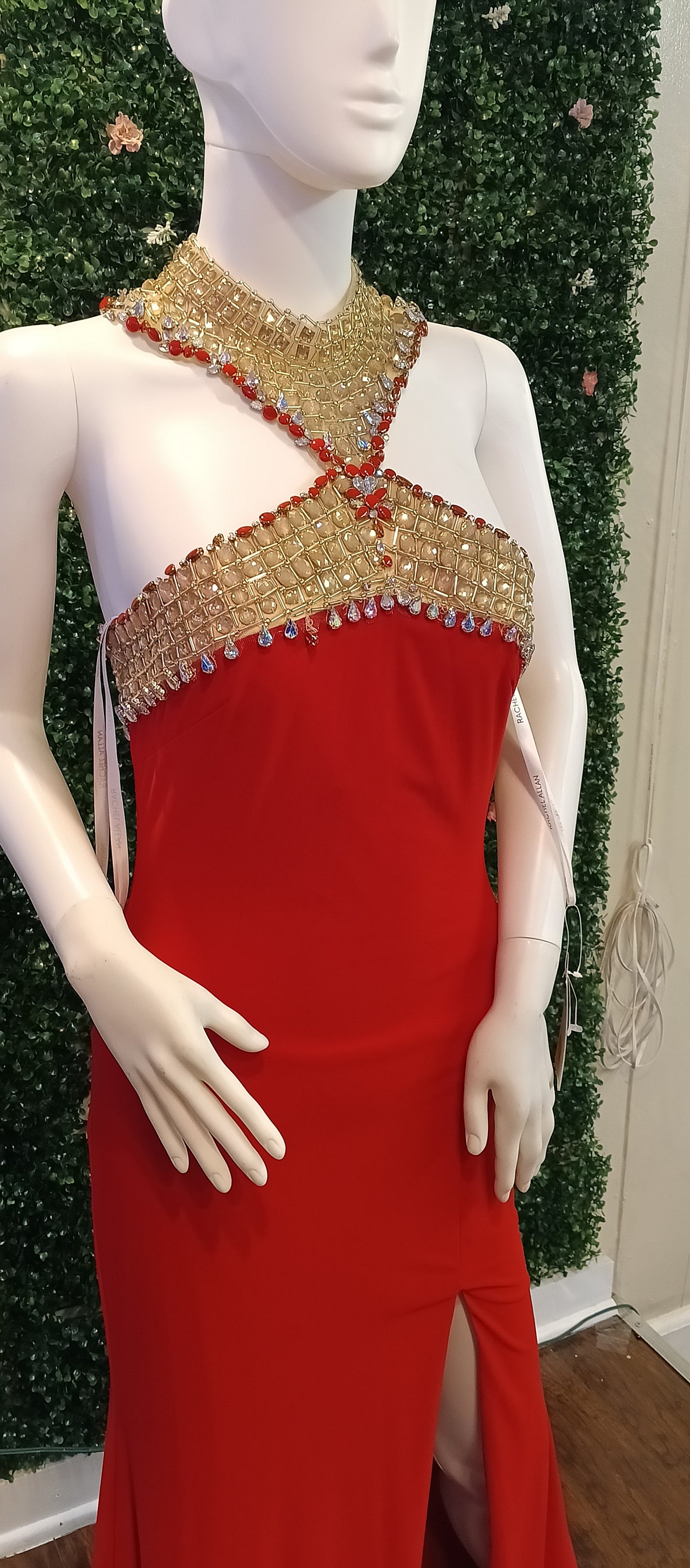 Rachel Allan Red Halter beaded prom dress