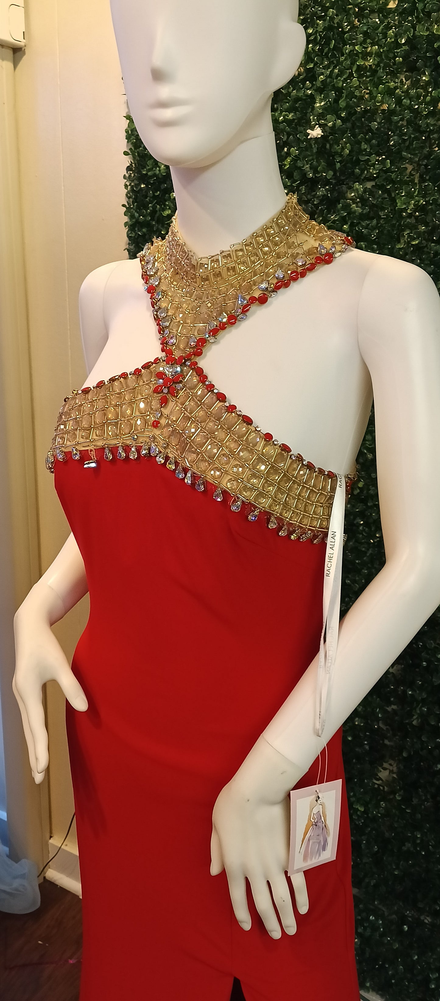 Rachel Allan Red Halter beaded prom dress