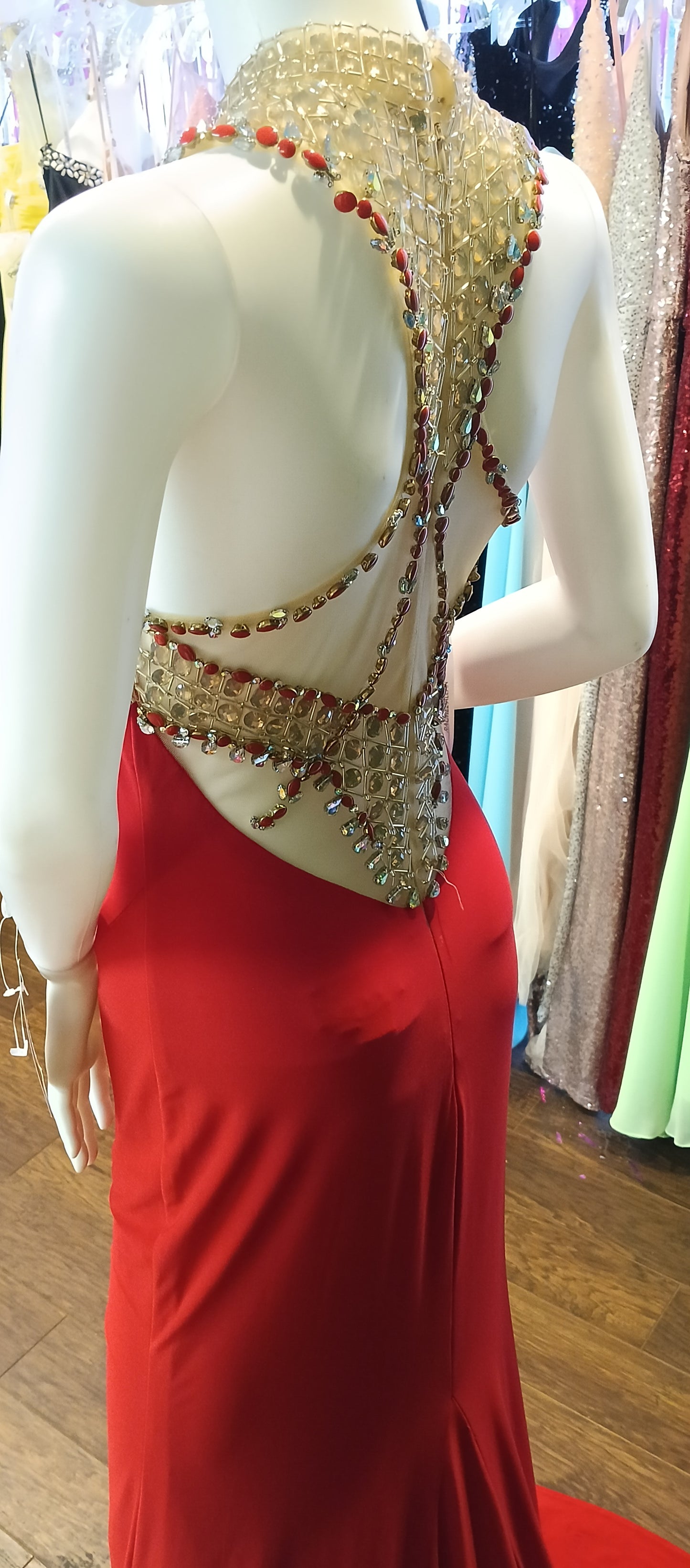 Rachel Allan Red Halter beaded prom dress