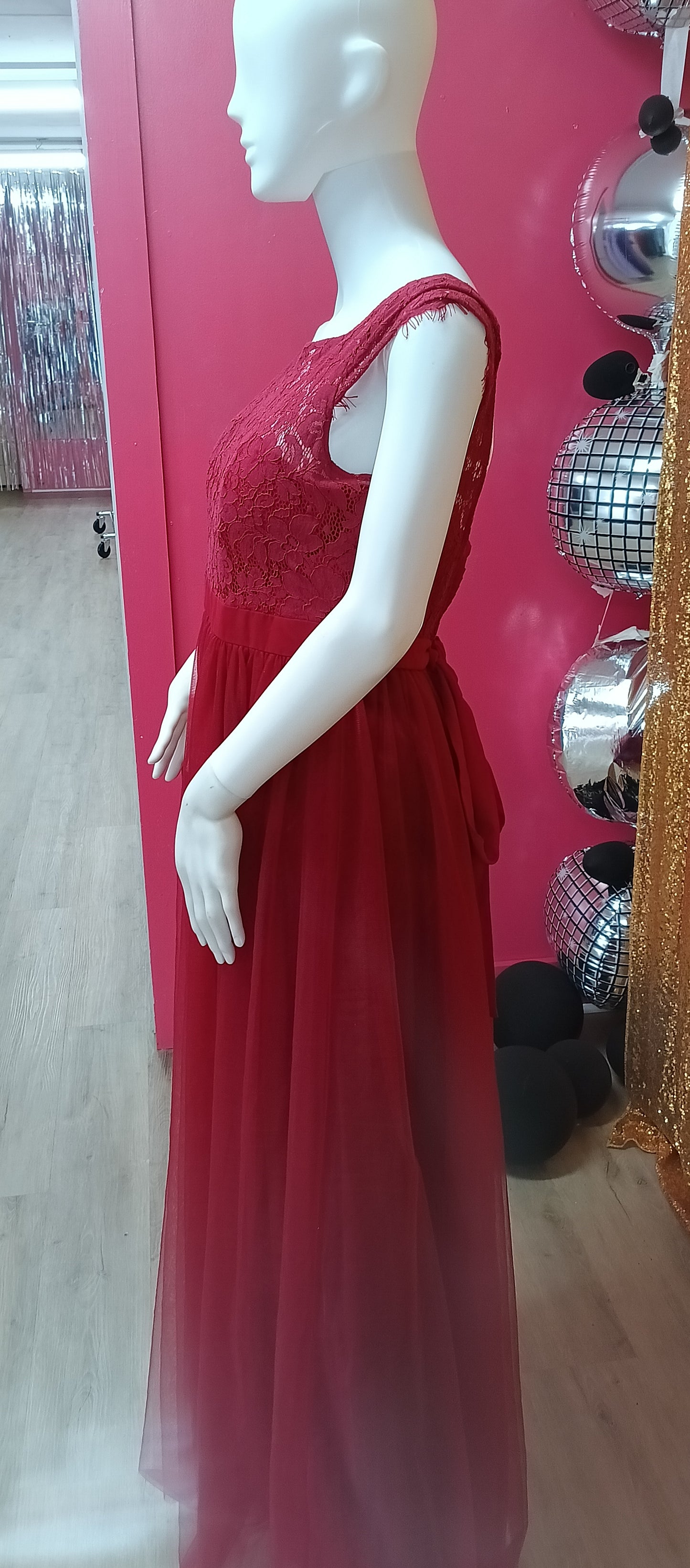 Burgundy lace chiffon bridesmaids dress