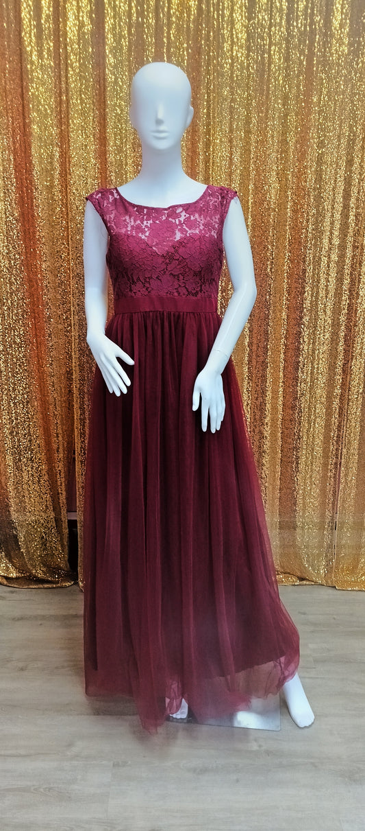 Burgundy lace chiffon bridesmaids dress