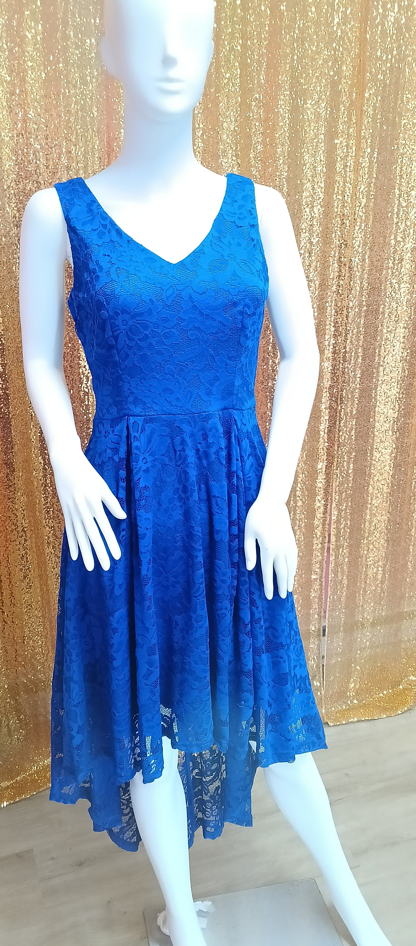 Royal Blue Tea- Length Lace formal dress