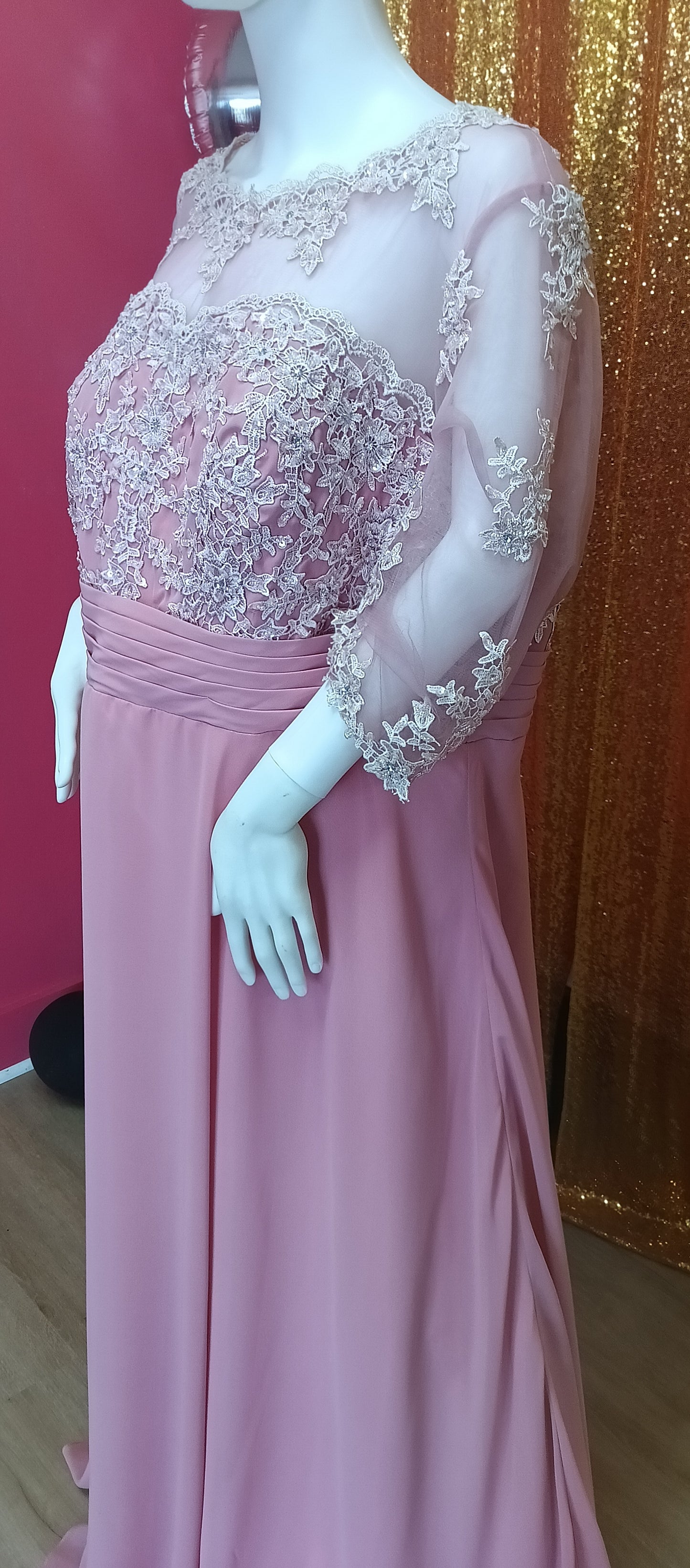 Plus size Blush pink floral lace chiffon formal dress