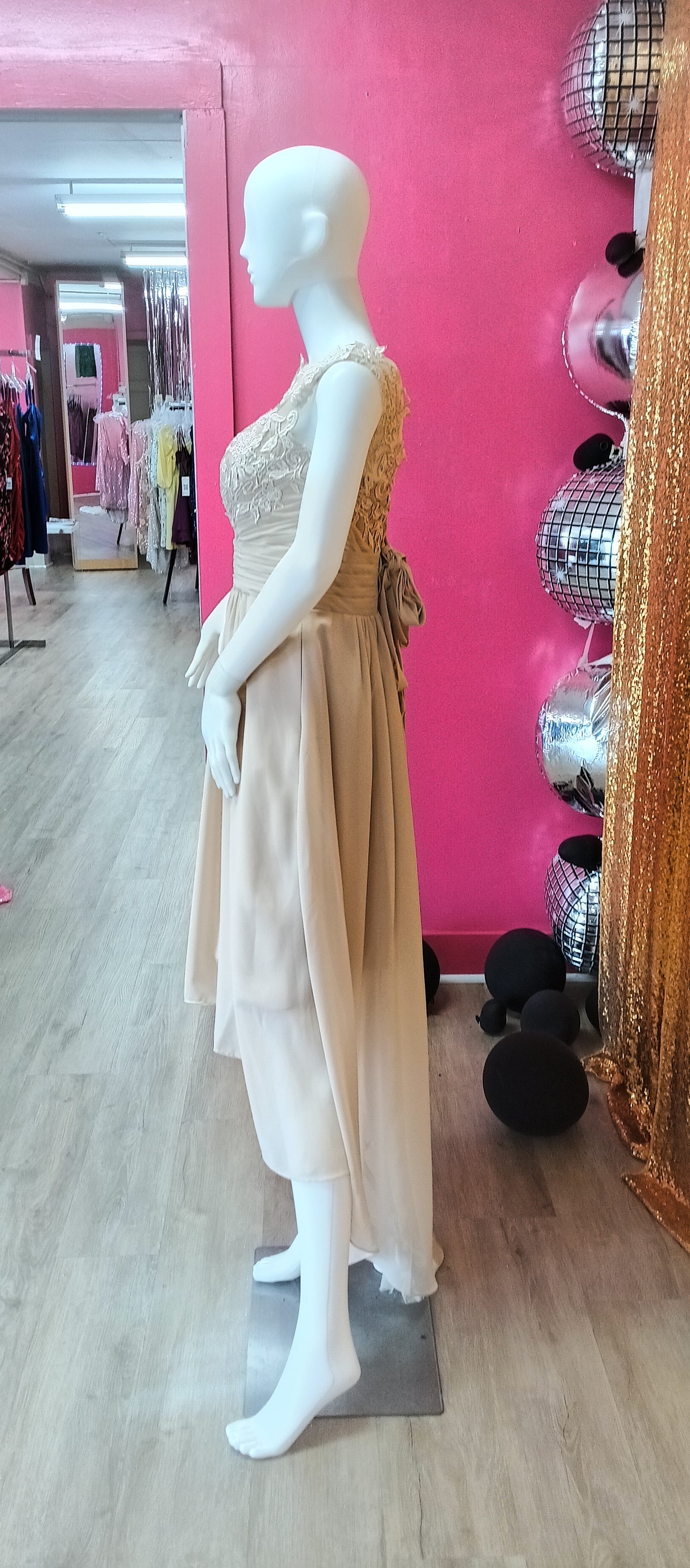 Tea length champagne lace bridesmaid dress