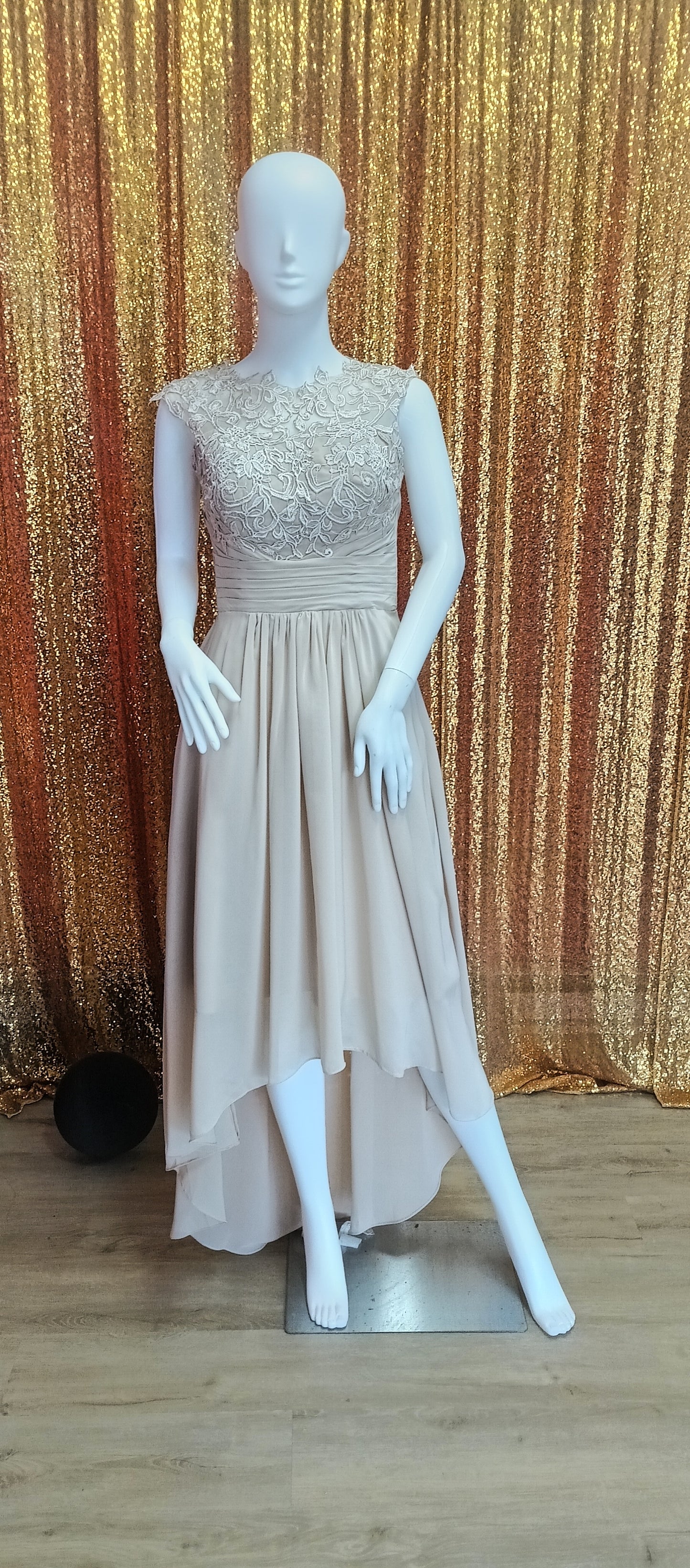 Tea length champagne lace bridesmaid dress
