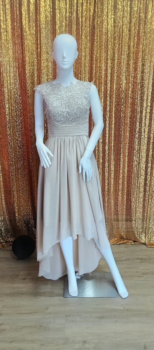 Tea length champagne lace bridesmaid dress